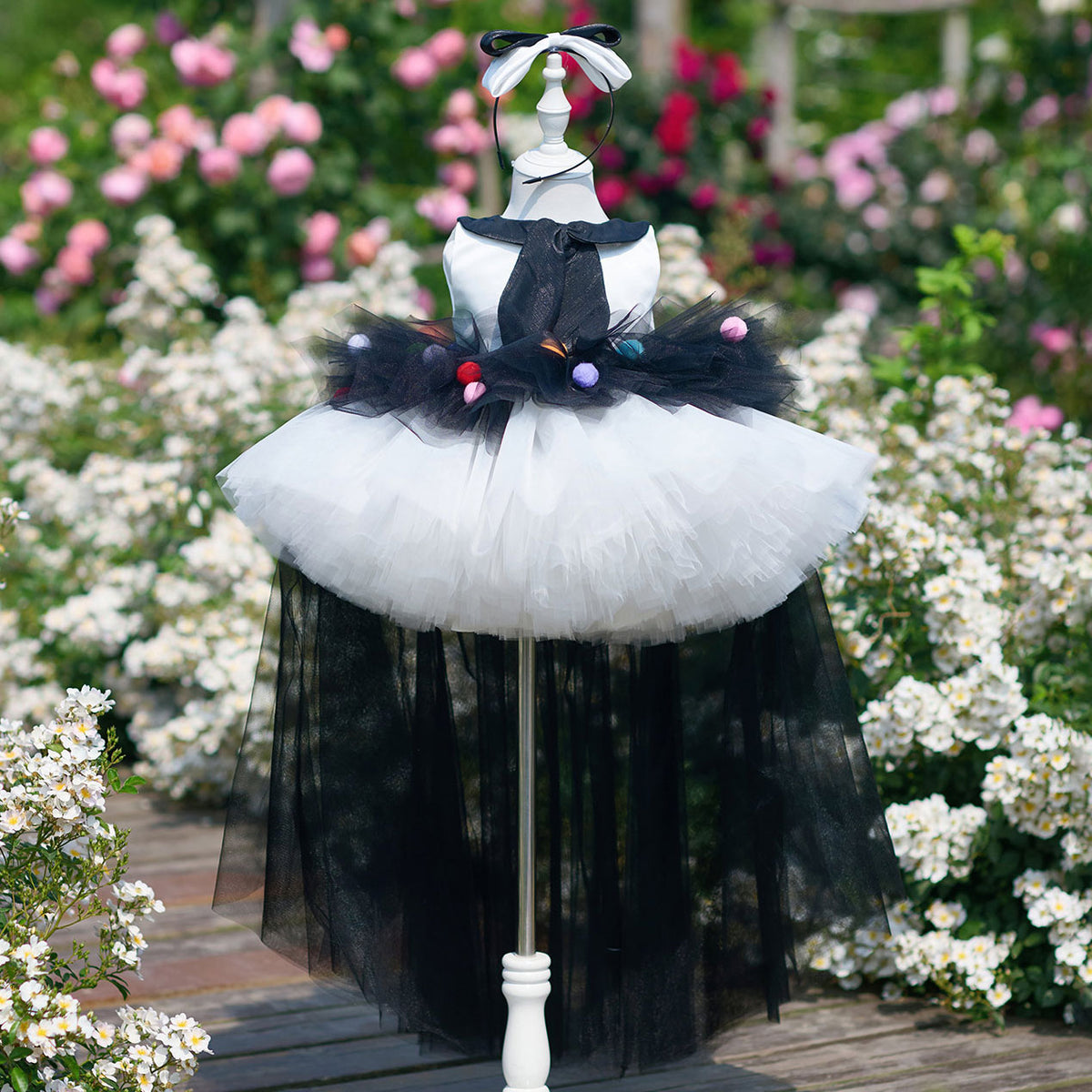 Black White Flower Girl Dress for Girls Colorful Pom Pom Tulle Party Dress for Birthday J905