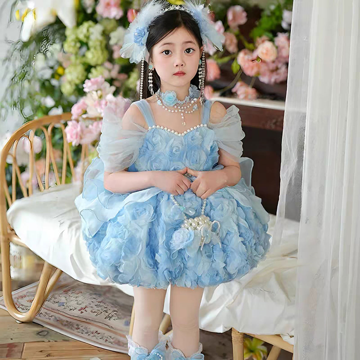 3D Rose Flower Girl Dress for Girls Off-Shoulder Fluffy Tulle Party Dress for Pageant J917