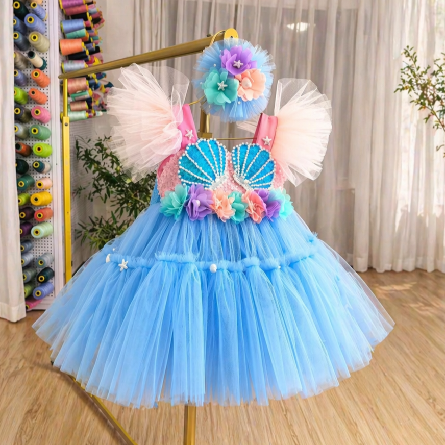Blue Flower Girl Dress for Girls Tulle Party Dress with Shell Appliques D265