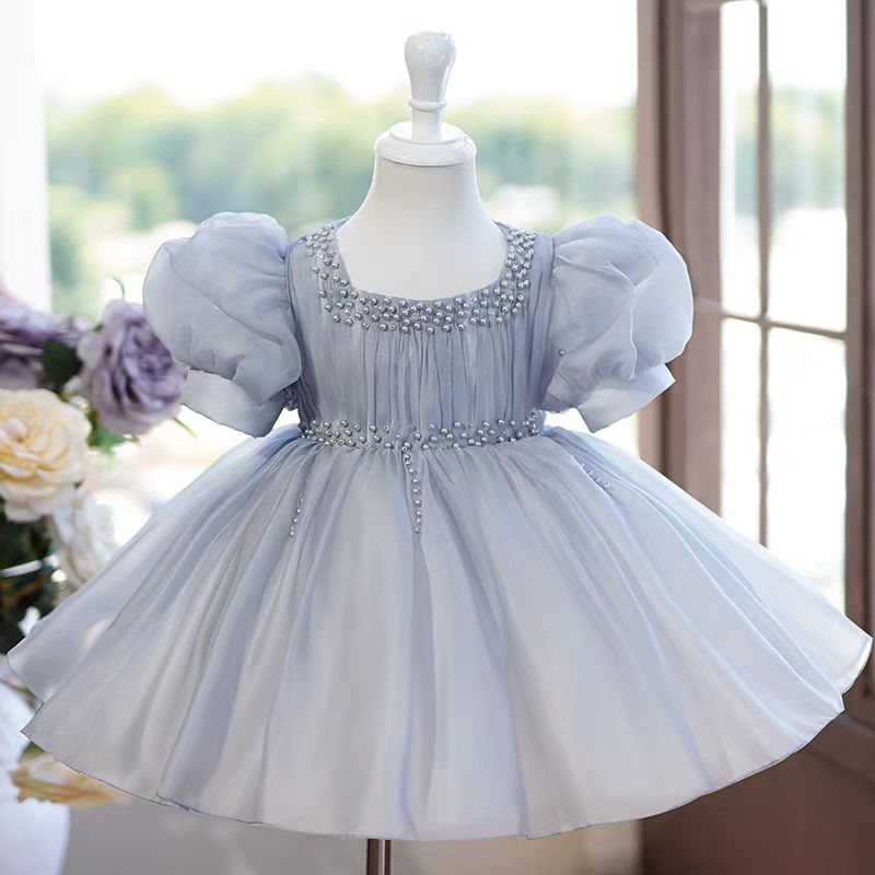 Pink Girl Dress Pearl Beaded Square Neckline Ball Gown J416