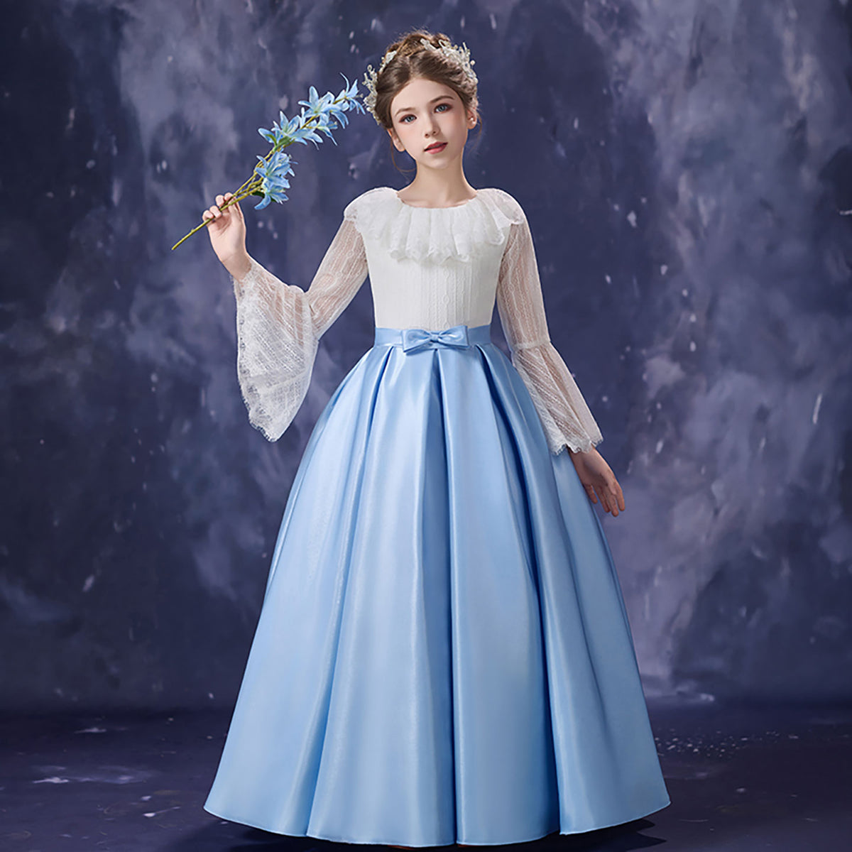 Blue White Flower Girl Dress for Girls Lace Bell Sleeve Tulle Party Dress for Party D354