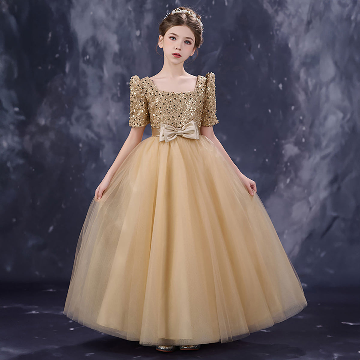 Champagne Flower Girl Dress for Girls Bow Waist Sparkly Tulle Party Dress for Wedding D349