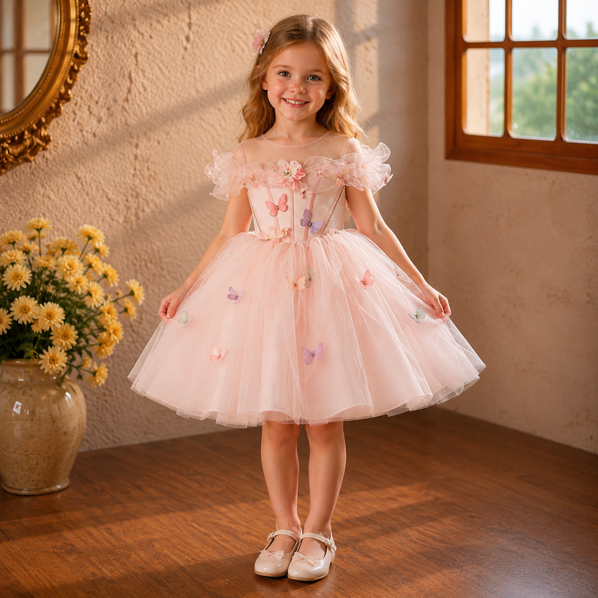 Pink Flower Girl Dress for Girls Elegant Butterfly Tulle Party Dress for Wedding D126
