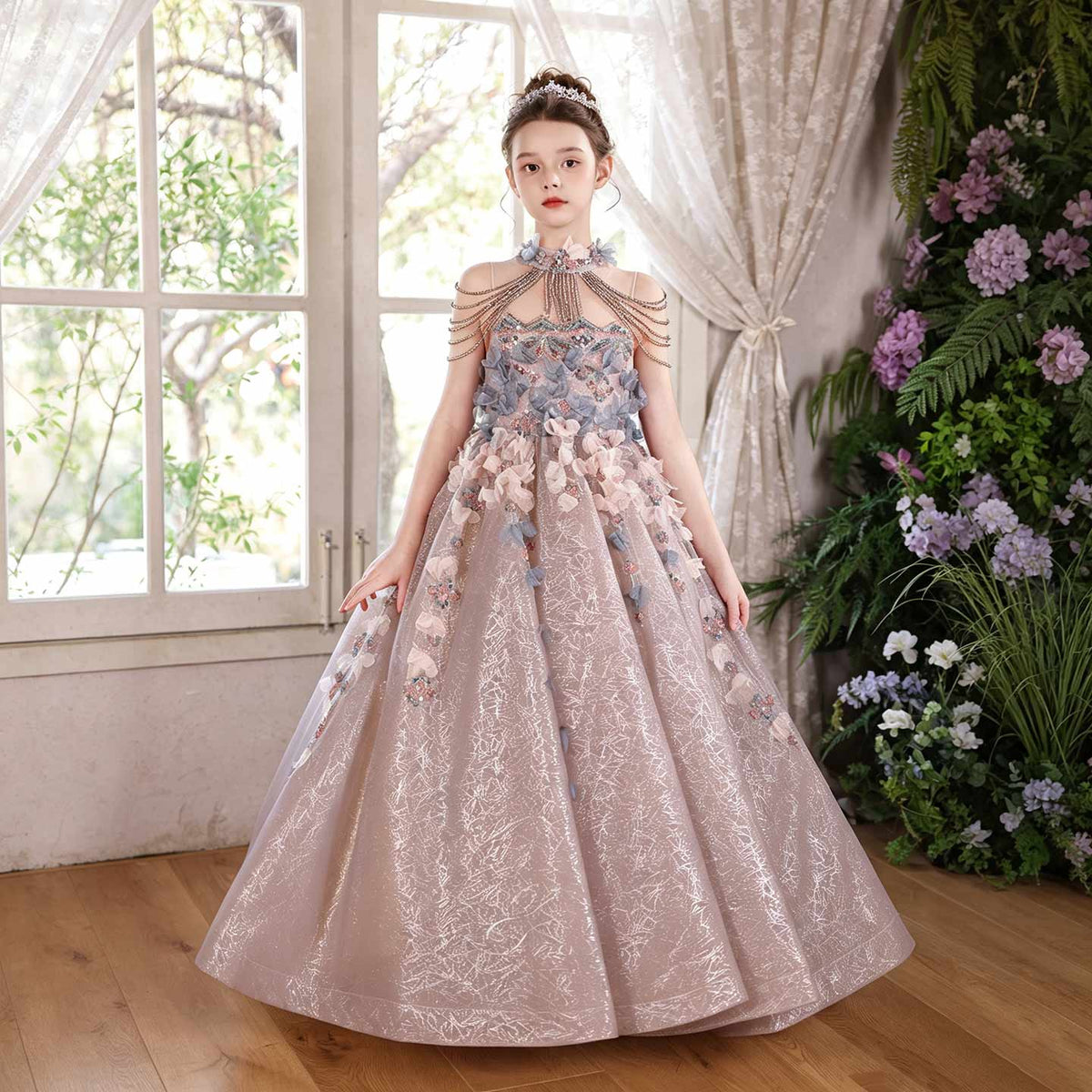 Dusty Pink 3D Floral Flower Girl Dress with Sparkle Tulle J110