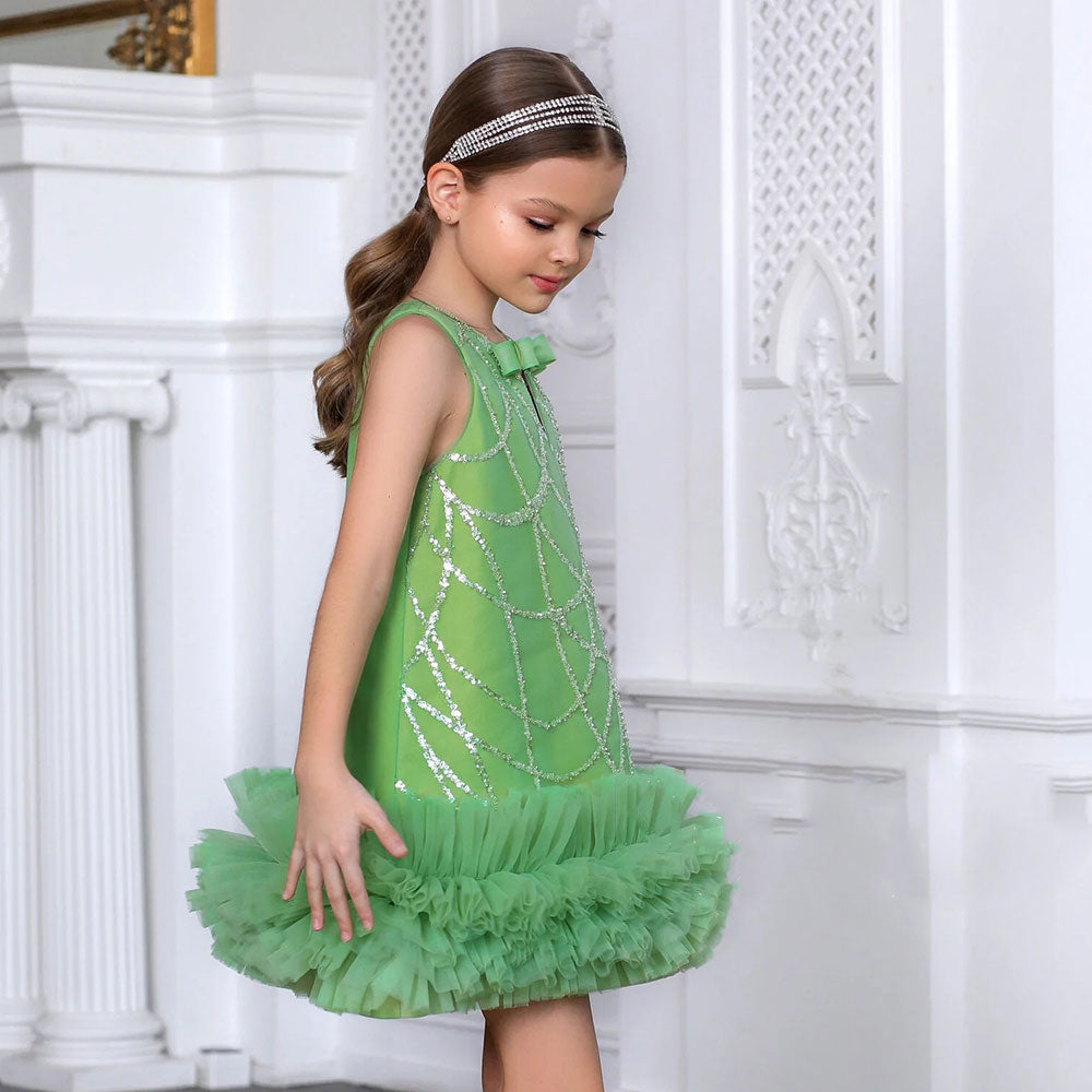 Sparkly Green Arabic Girl Dress Tiered Baby Kids Princess Birthday J173