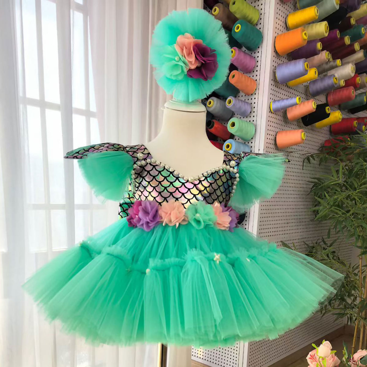 Green Flower Girl Dress for Girls Puff Sleeve Floral Tulle Ball Gown for Mermaid Theme D291