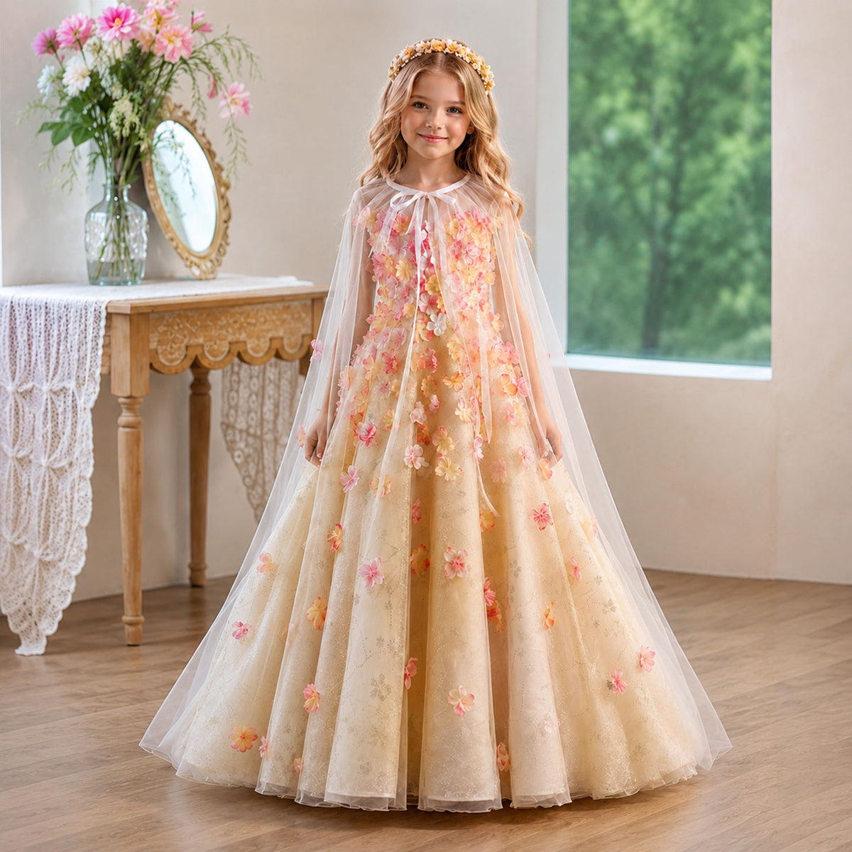Ivory Pink Flower Girl Dress for Girls Mesh Cape Tulle Party Dress for Birthday D362