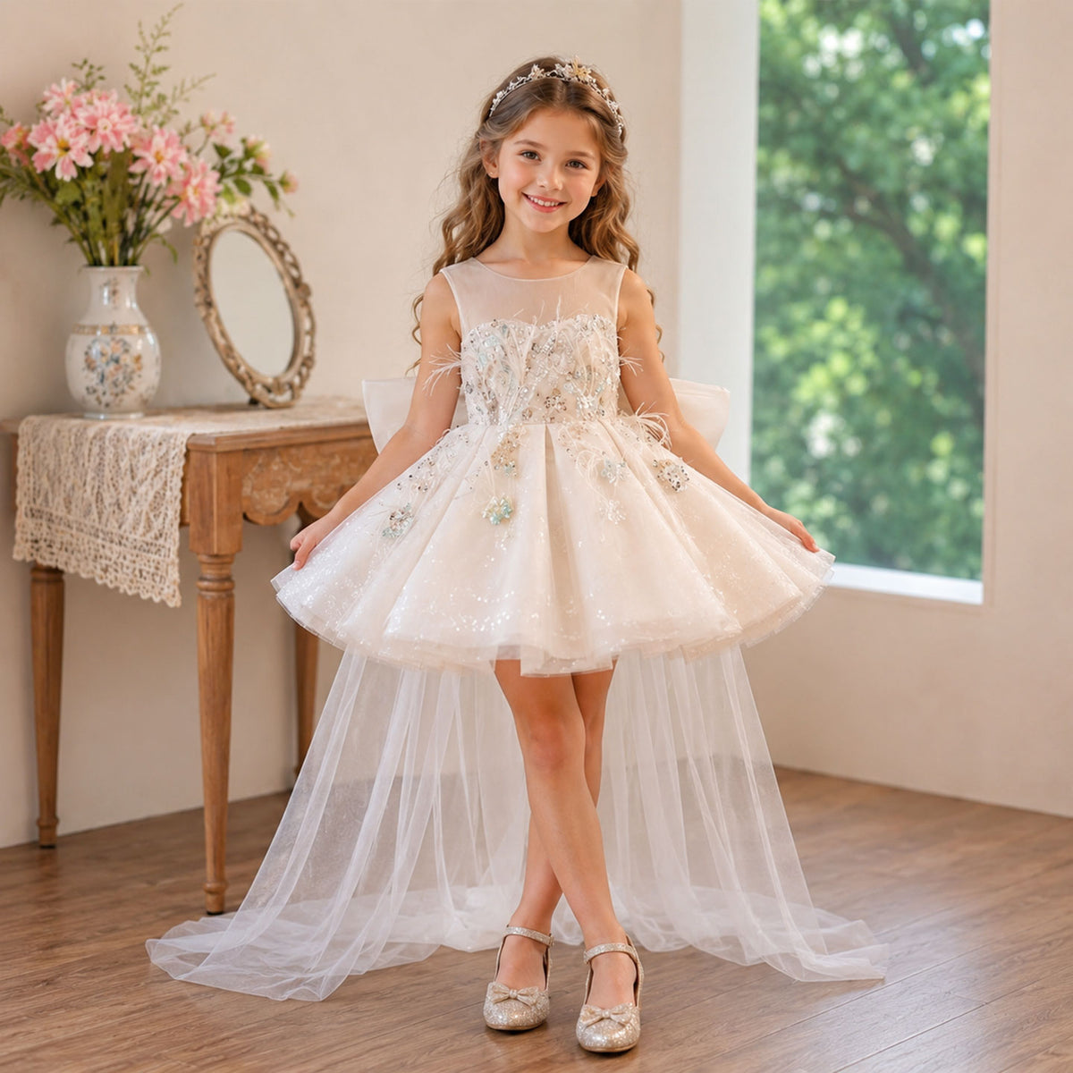 Champagne Flower Girl Dress for Girls Feather Sequin Tulle Party Dress for Birthday D290