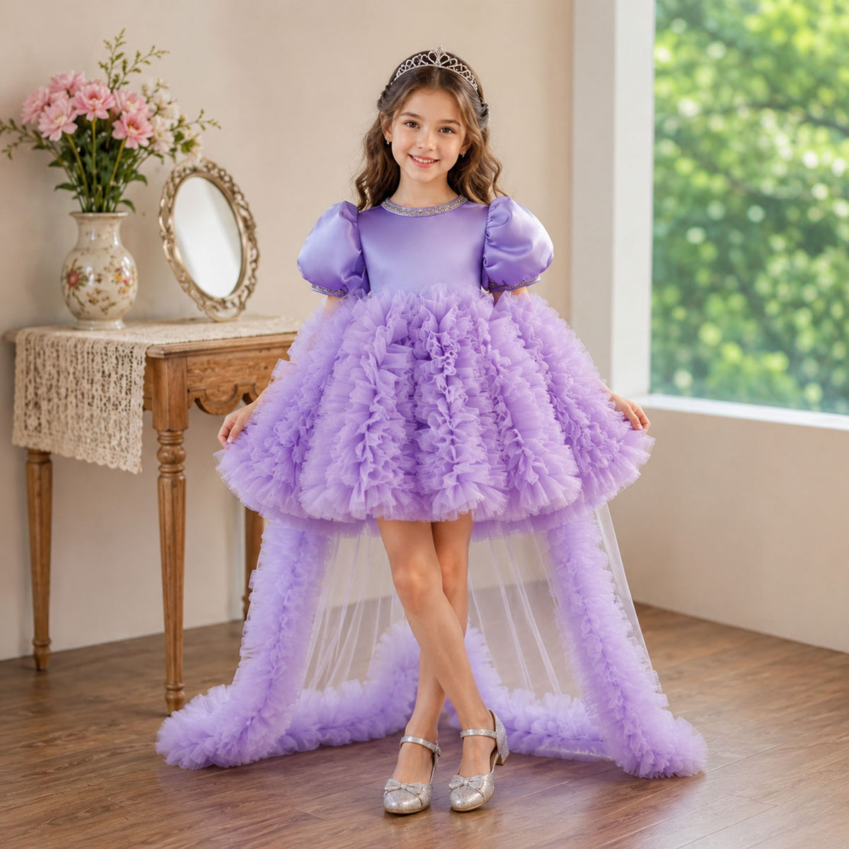 Lavender Flower Girl Dress for Girls Crystal Neckline Tulle Ball Gown for Party J915