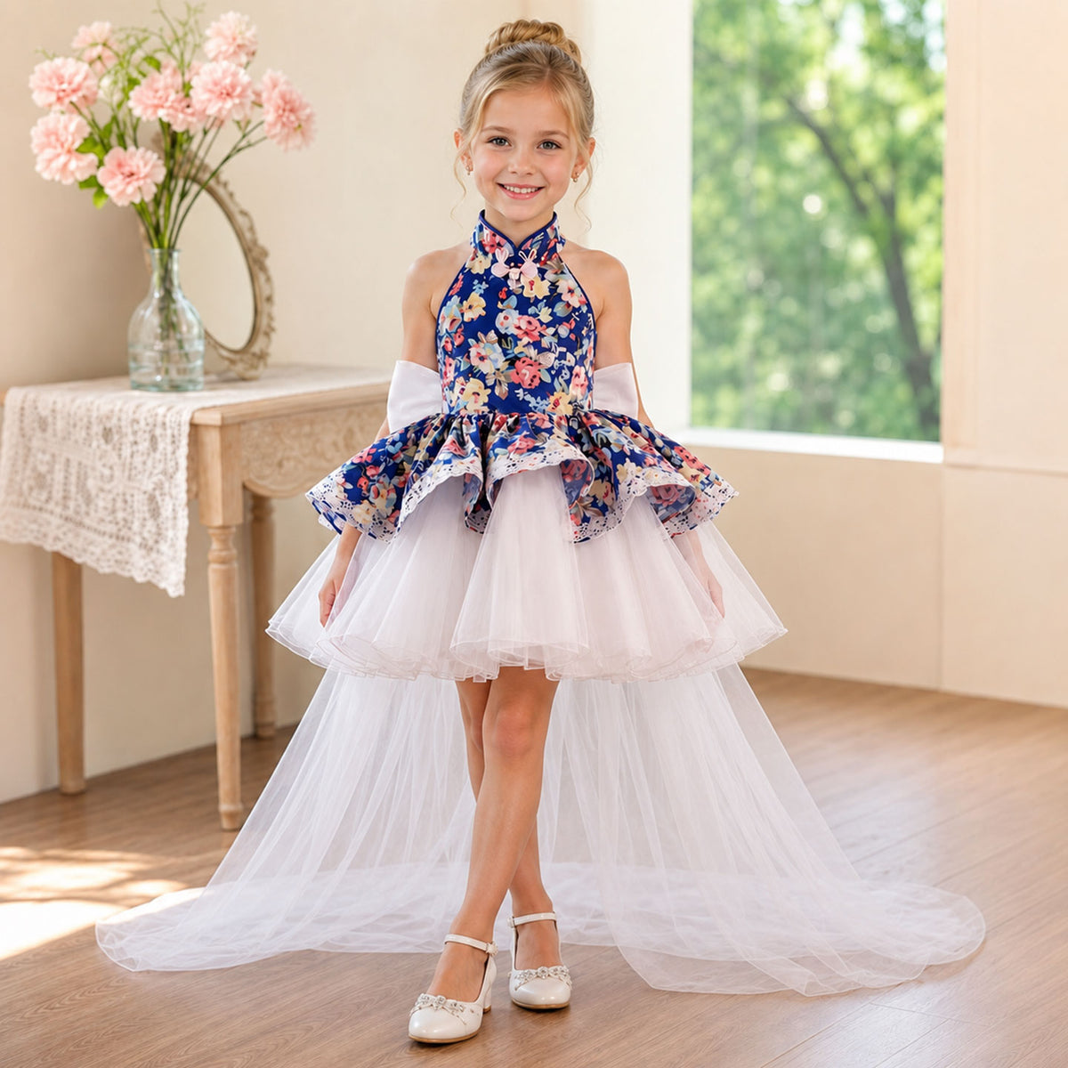 Navy Floral Halter Flower Girl Dress with White Tulle Train D287