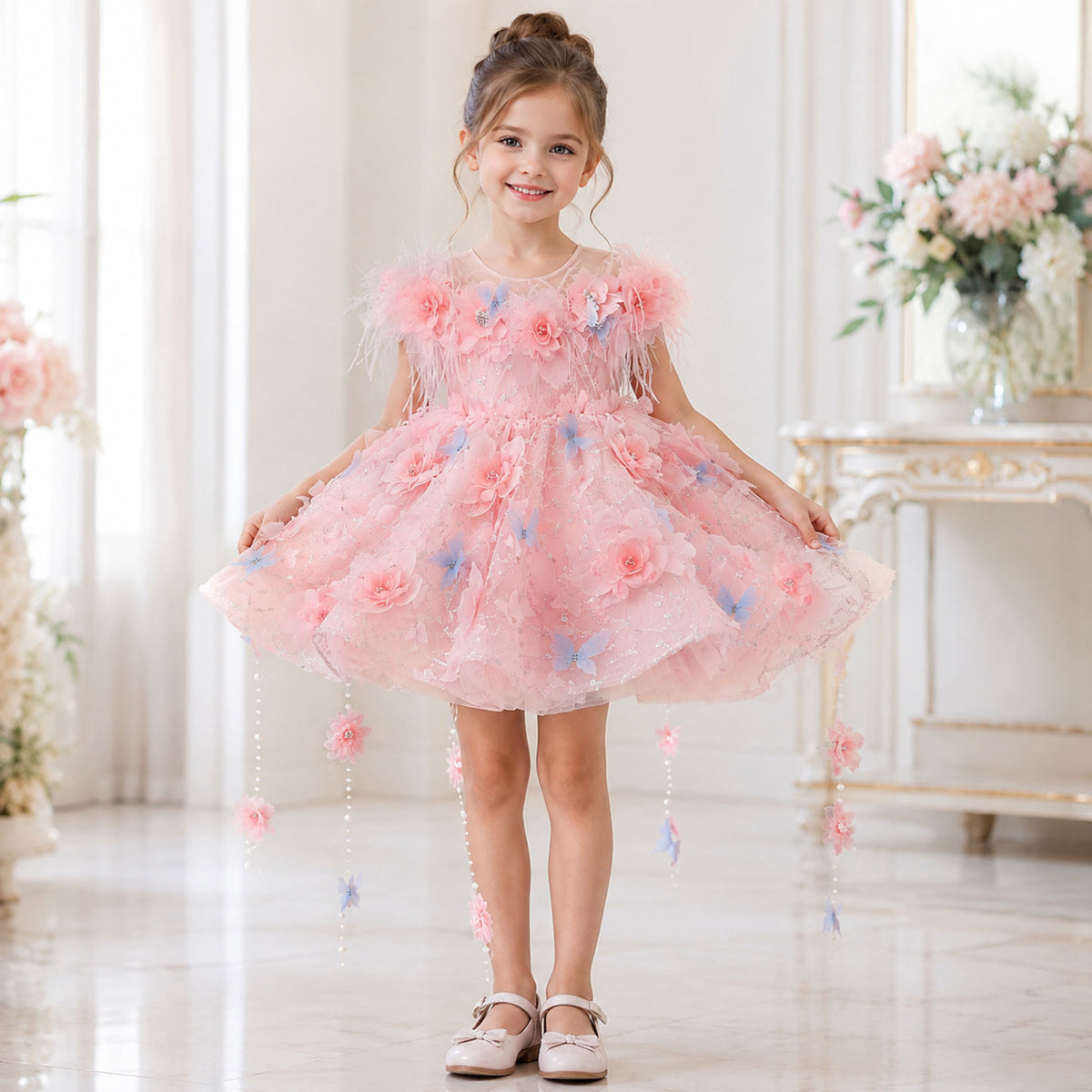 Pink Flower Girl Dress for Girls 3D Floral Butterfly Tulle Party Dress for Birthday J914