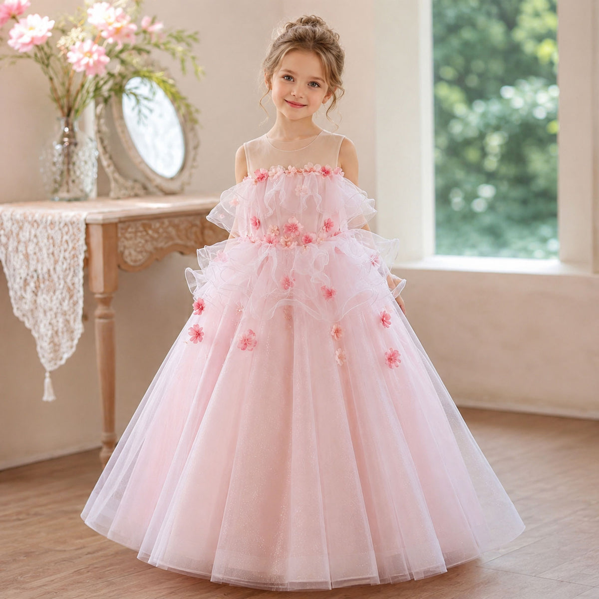 Pink Flower Girl Dress for Girls Halter Ruffle Tulle Party Dress for Wedding D360
