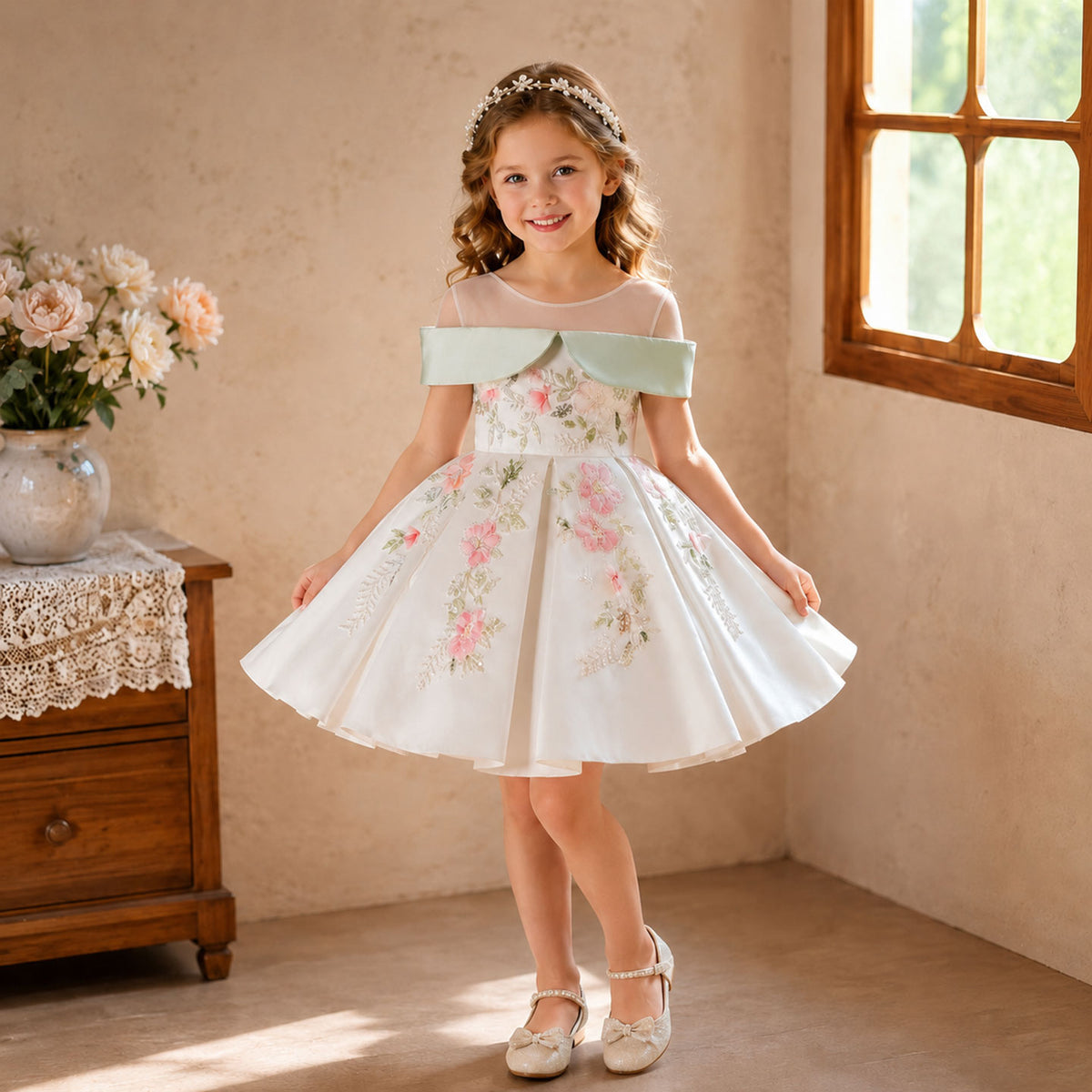 Ivory Flower Girl Dress for Girls Floral Applique Satin Tulle Ball Gown for Wedding D289