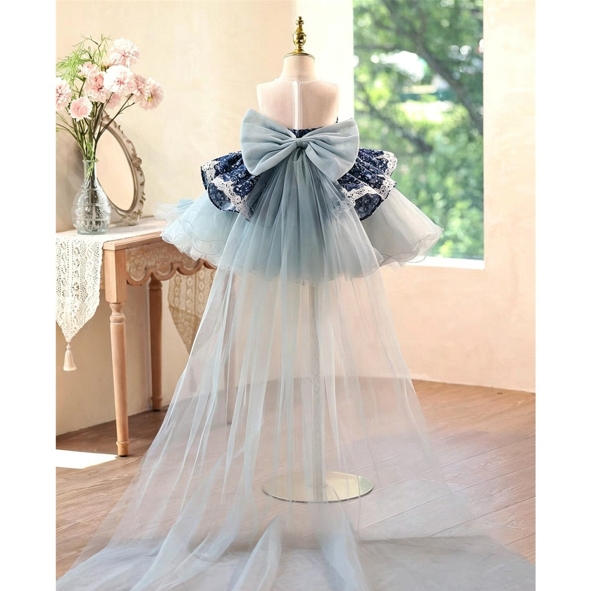 Jill Wish navy floral off shoulder flower girl dress D288 back bow train view