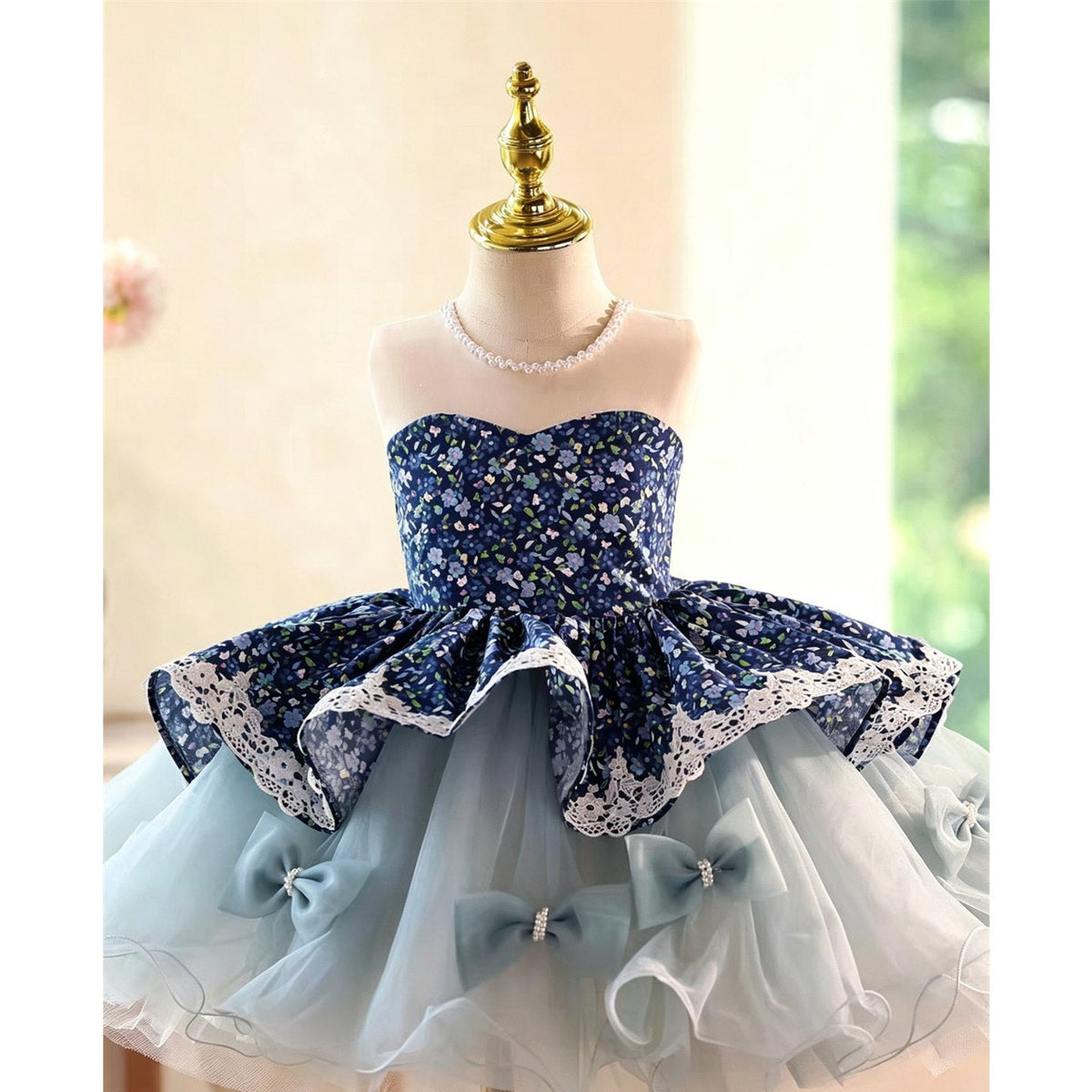 Jill Wish navy floral off shoulder flower girl dress D288 bodice detail