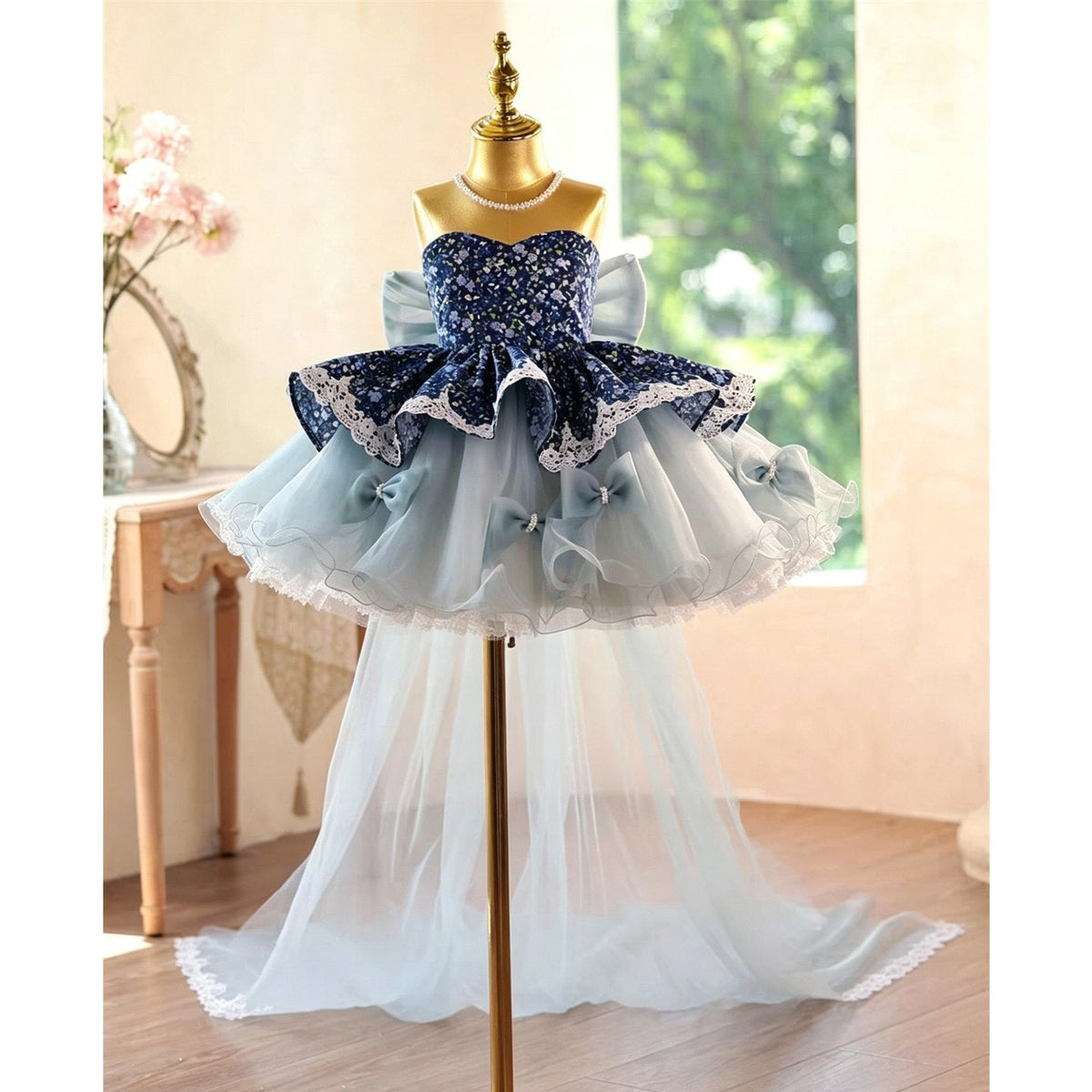 Jill Wish navy floral off shoulder flower girl dress D288 front view