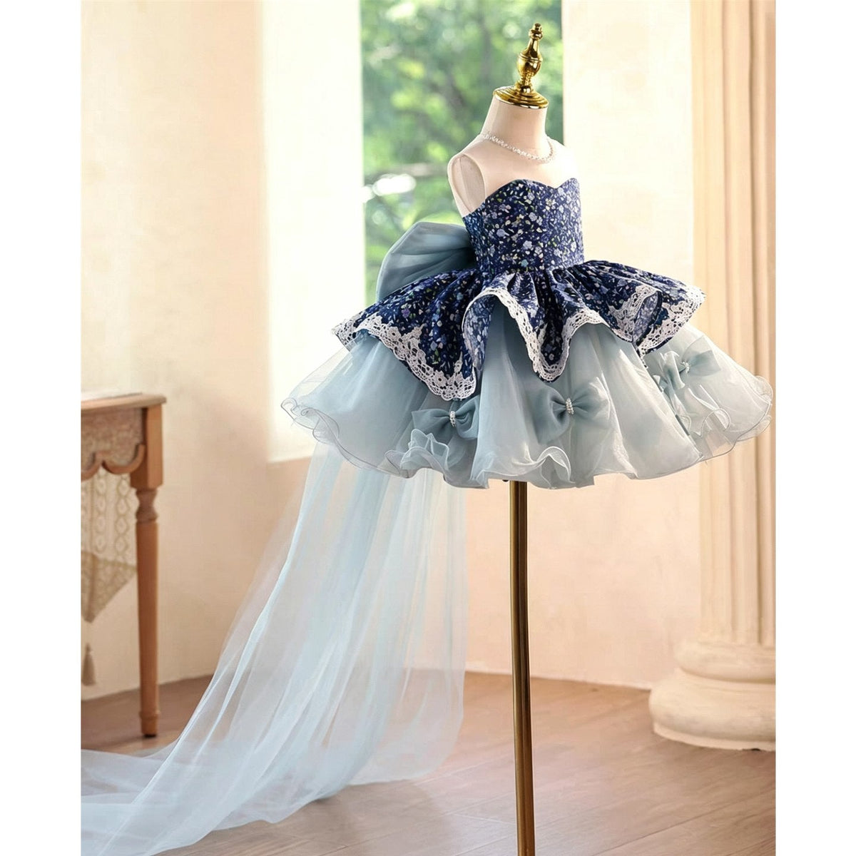 Jill Wish navy floral off shoulder flower girl dress D288 side train view