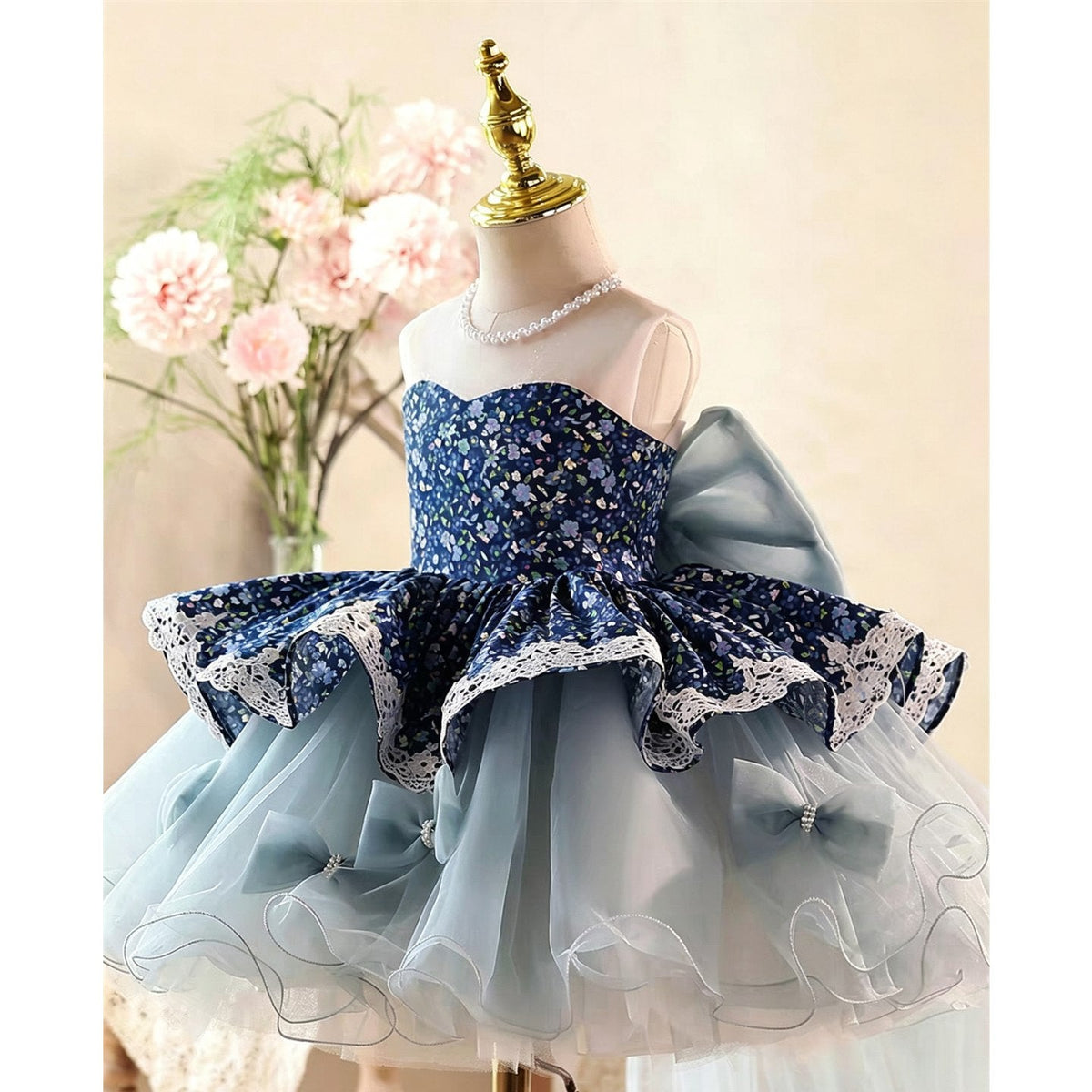 Jill Wish navy floral off shoulder flower girl dress D288 skirt detail