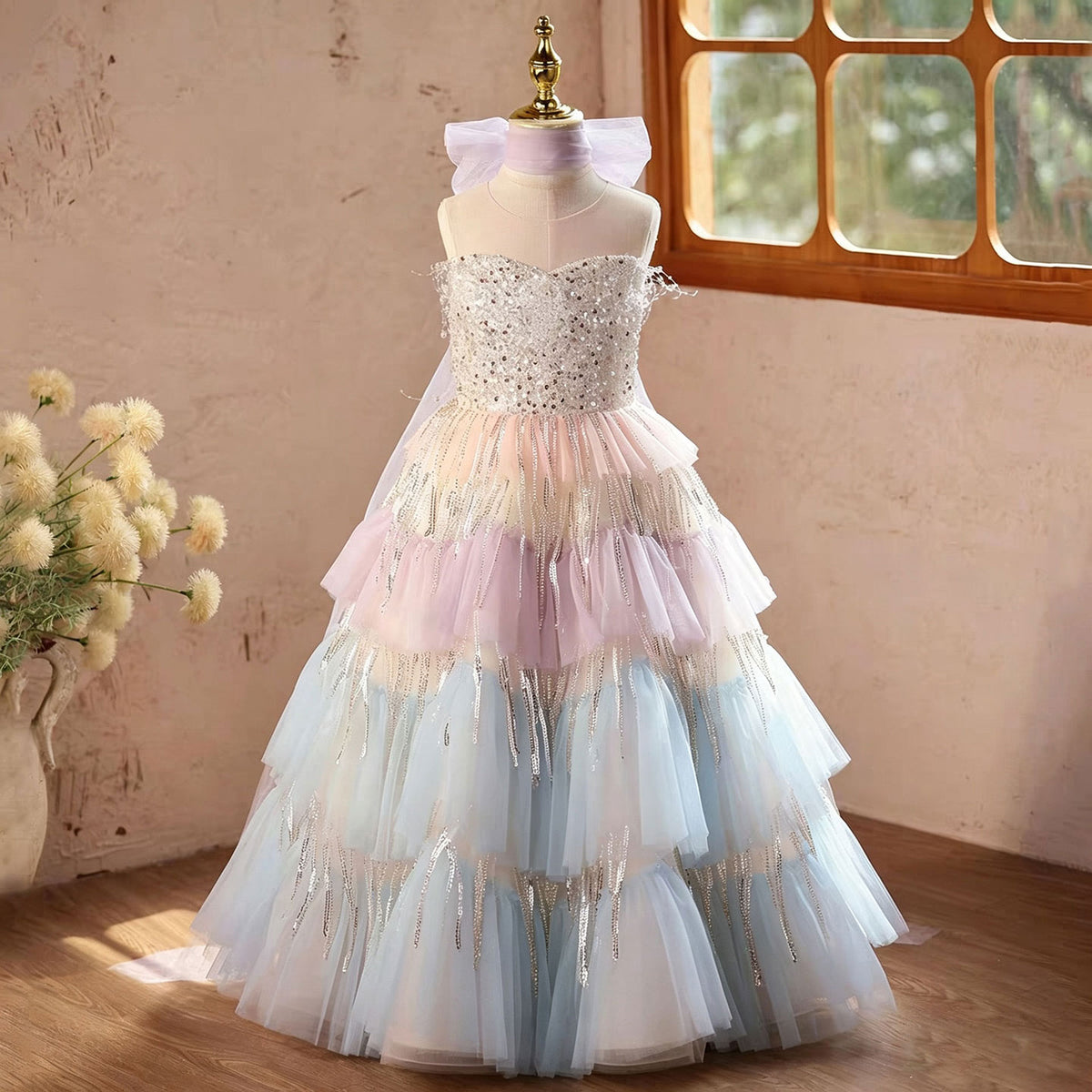 Pastel Rainbow Flower Girl Dress for Girls Layered Tulle Party Dress for Birthday J622
