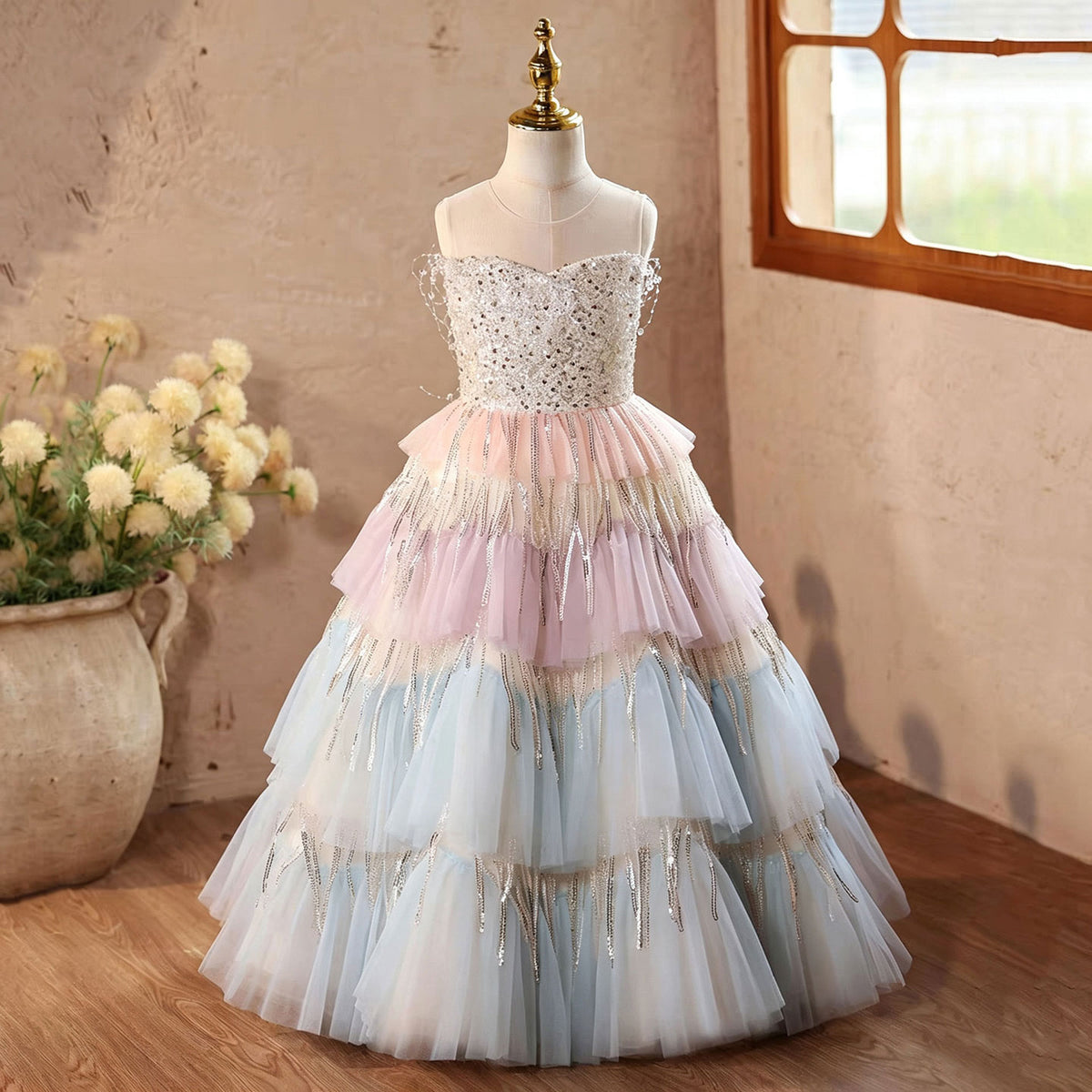 pastel rainbow tiered dress tiered pastel rainbow ruffle dress (multi) tre' sorelle