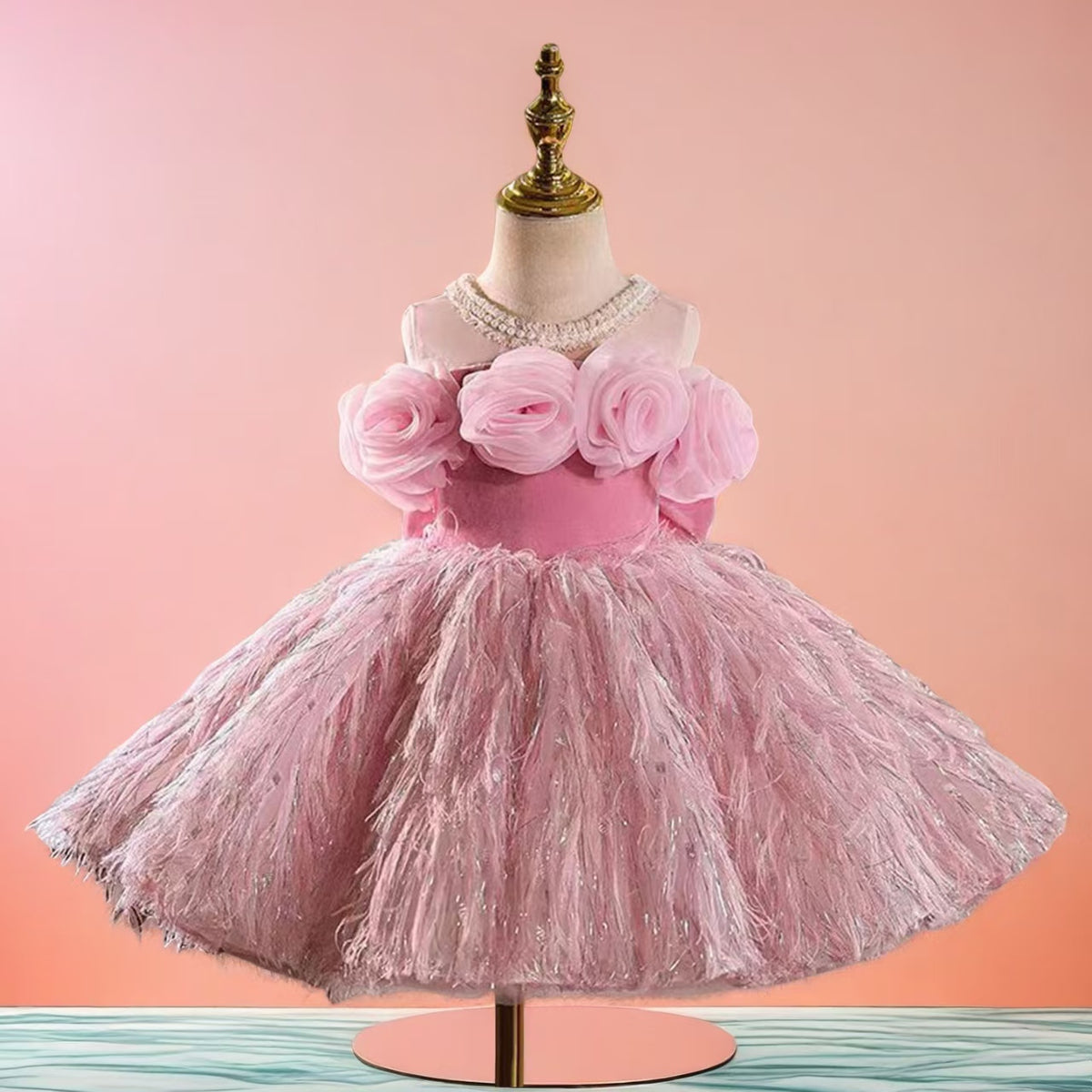 3D Flowers Fur Pink Girl Dress With Bow Sleeveless D016