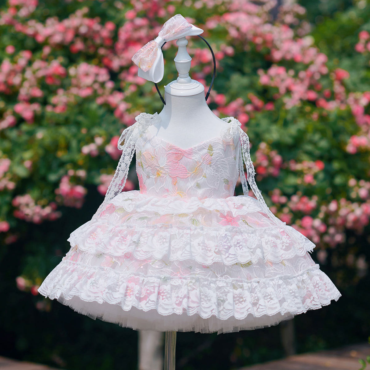 Pink Flower Girl Dress for Girls Layered Lace Trim Tulle Ball Gown for Wedding J908