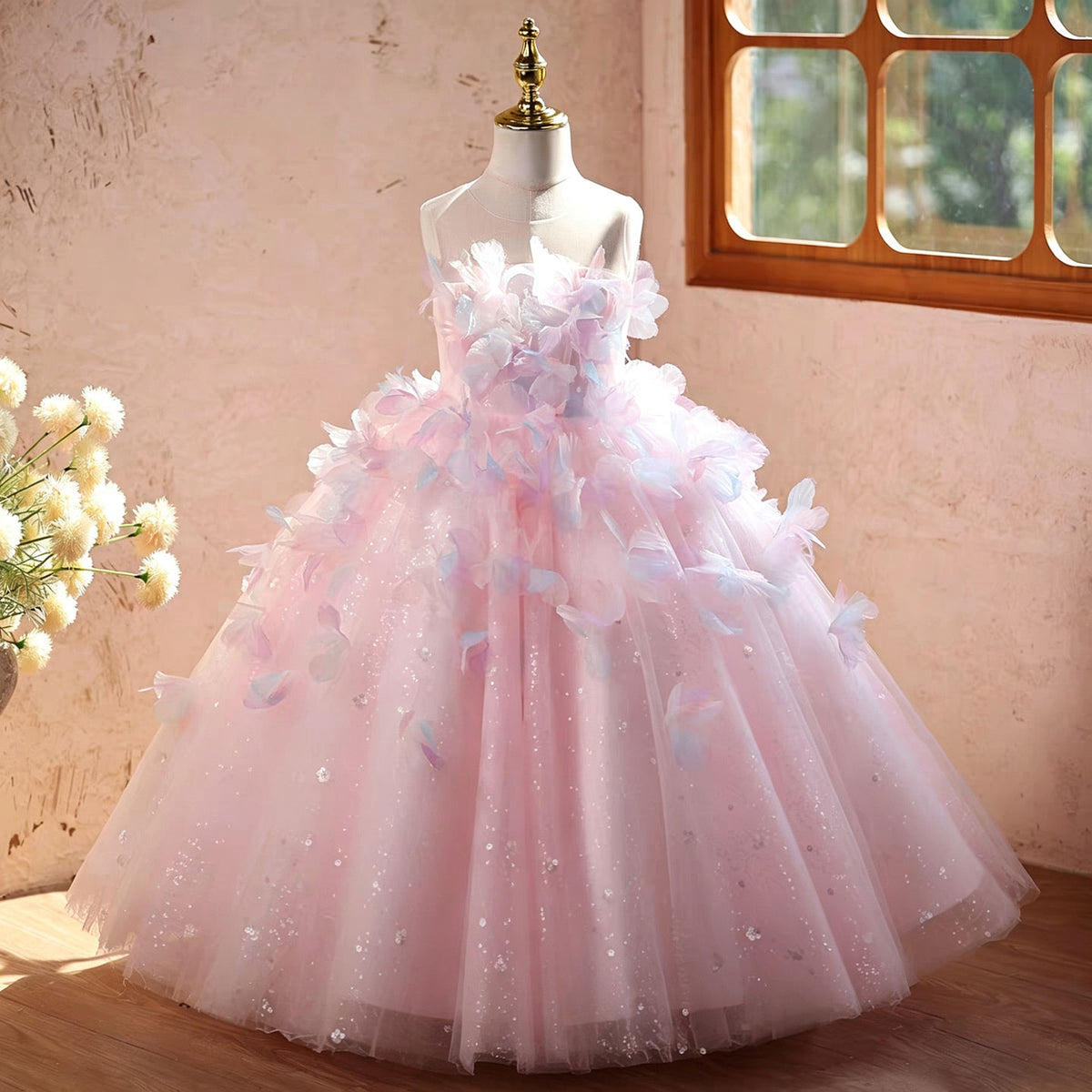 Pink Flower Girl Dress for Girls Gradient Tulle Ball Gown for Fairy Tale Party J621