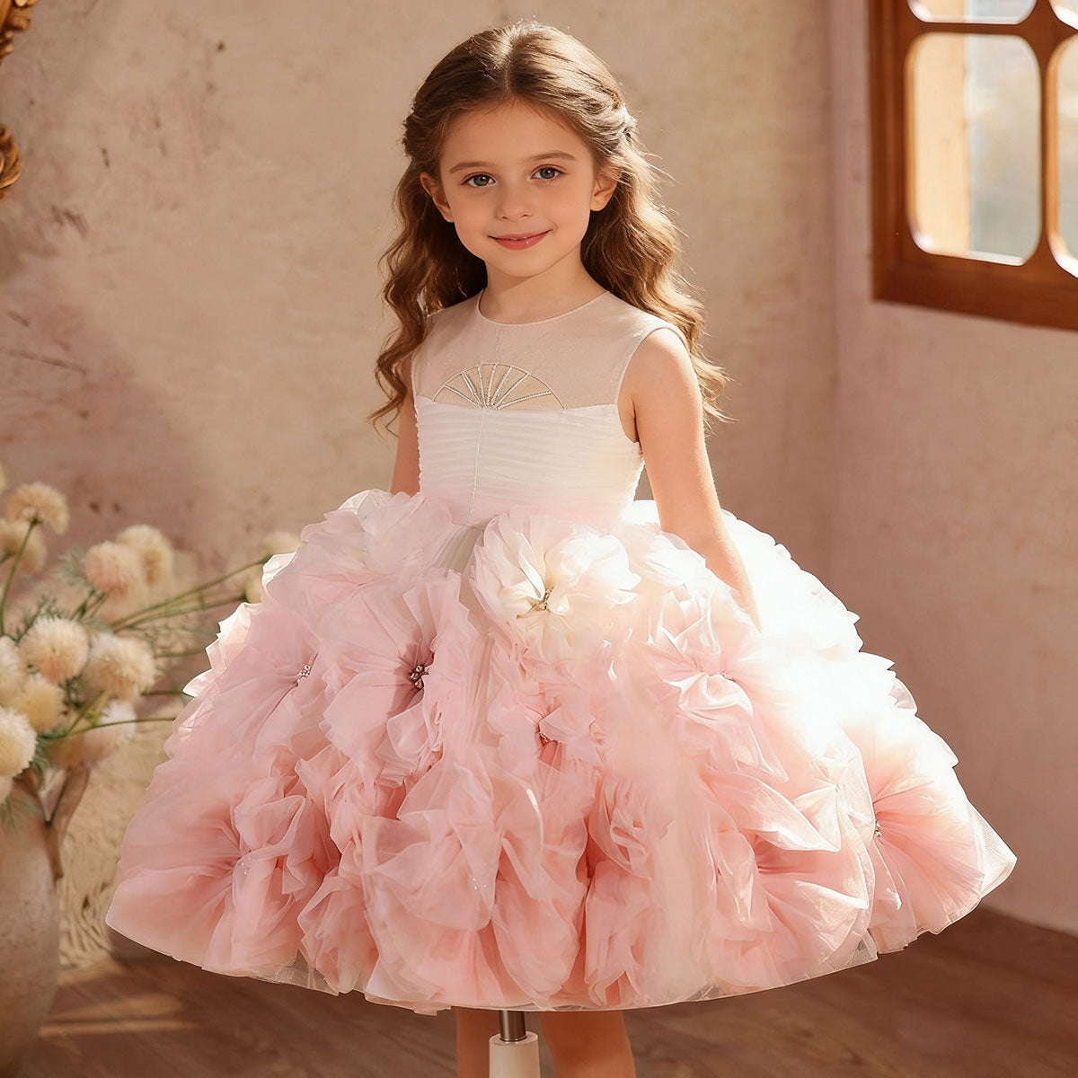Kids Formal Birthday Party Dress - Pink Gown with 3D Organza Flowers J882
