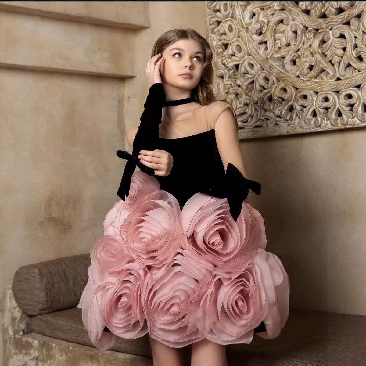 Pink Flower Girl Dress for Girls Ball Gown with 3D Rose Design for Party D260