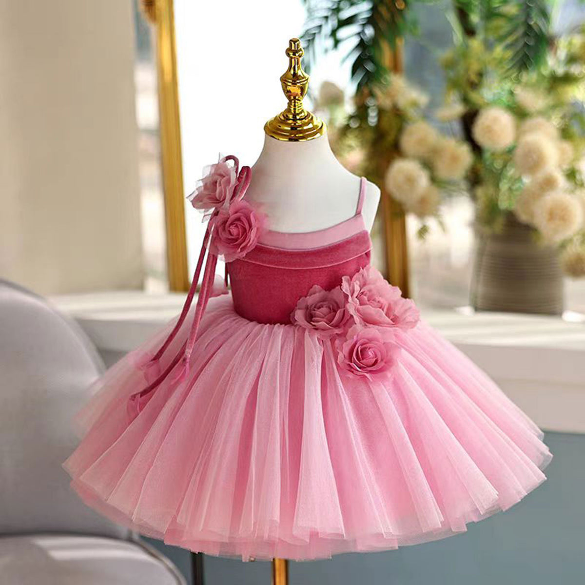 Pink Girl Dress Spaghetti Straps Toddler Kids 1st Birthday Gown J447