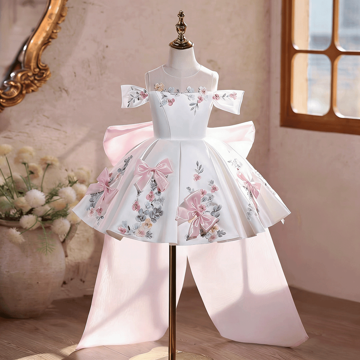 Toddler Girl Dress White Off-Shoulder Floral Satin Dress with 3D Pink Bows J883