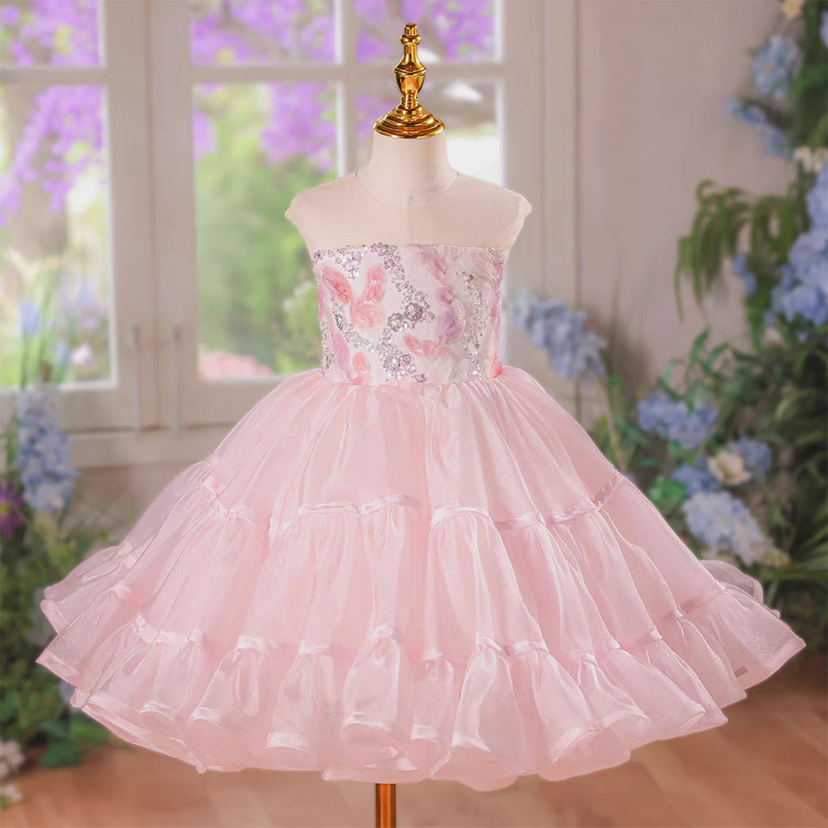 Pink Flower Girl Dress for Girls Sequin Floral Tulle Party Dress for Birthday D279
