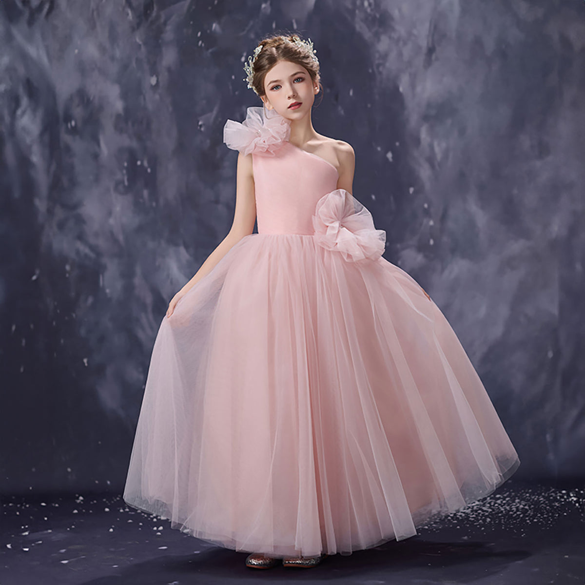 Pink Flower Girl Dress for Girls Asymmetric Bow Tulle Dress for Wedding D353