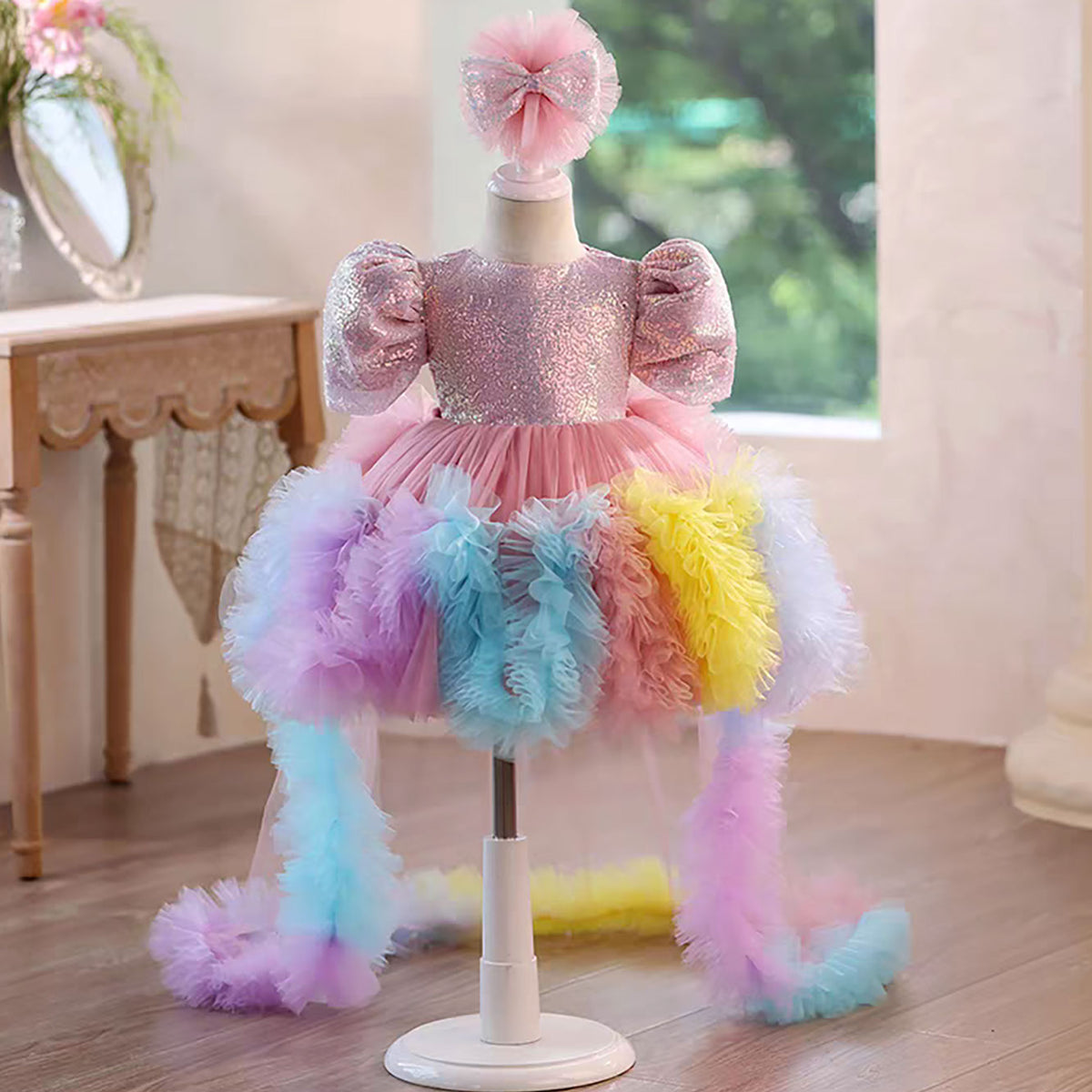 Rainbow Pink Flower Girl Dress for Girls Rainbow Ruffle Tulle Party Dress for Birthday J916