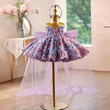 Purple Flower Girl Dress for Girls Floral Applique Tulle Party Dress for Birthday D285