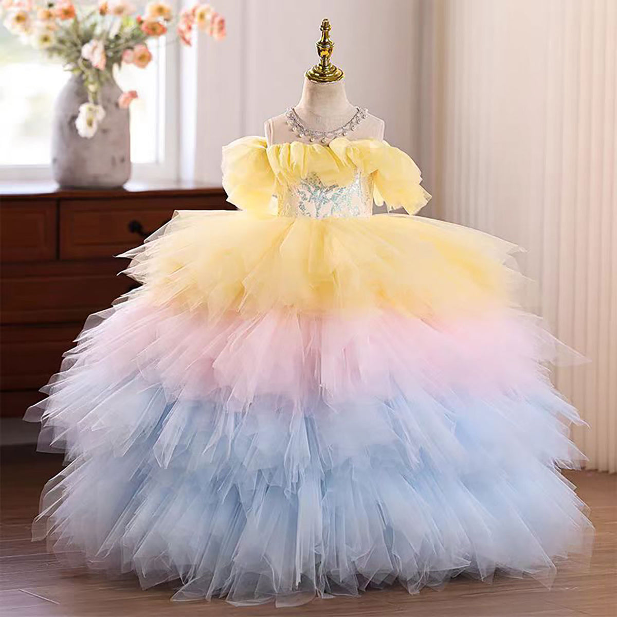 Rainbow Off-Shoulder Ruffled Tiered Tulle Flower Girl Dress D037