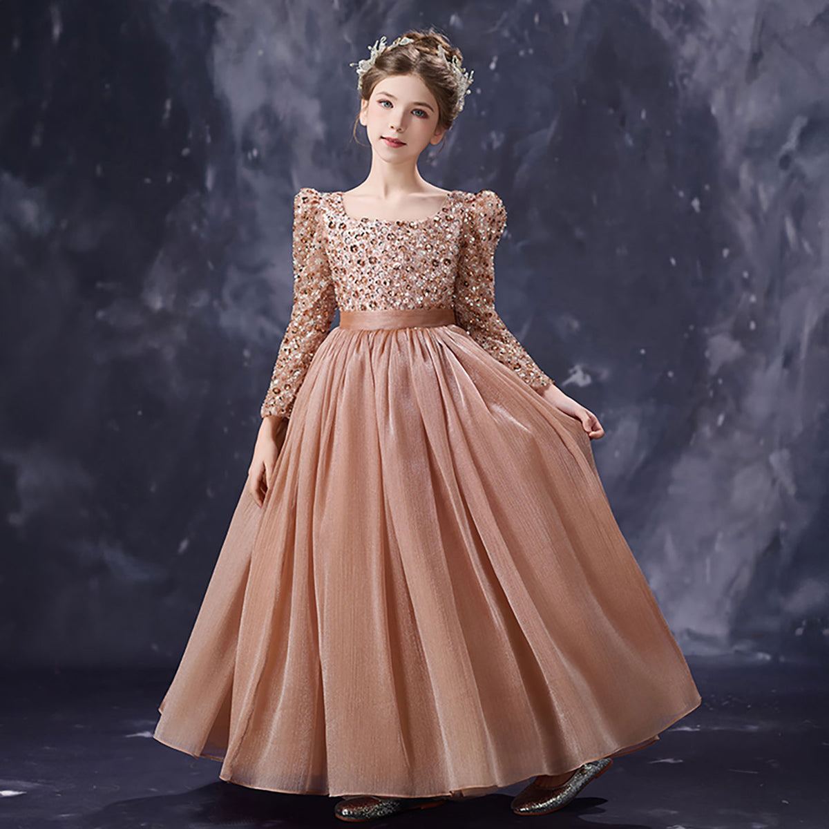 Rose Gold Flower Girl Dress for Girls Sparkly Glitter Tulle Party Dress for Birthday D355