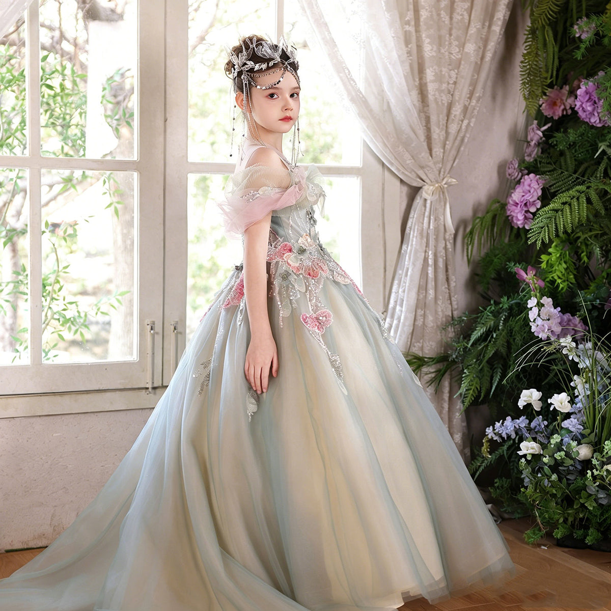 Sage Green Flower Girl Dress for Girls Off-Shoulder Tulle Party Dress for Birthday J001