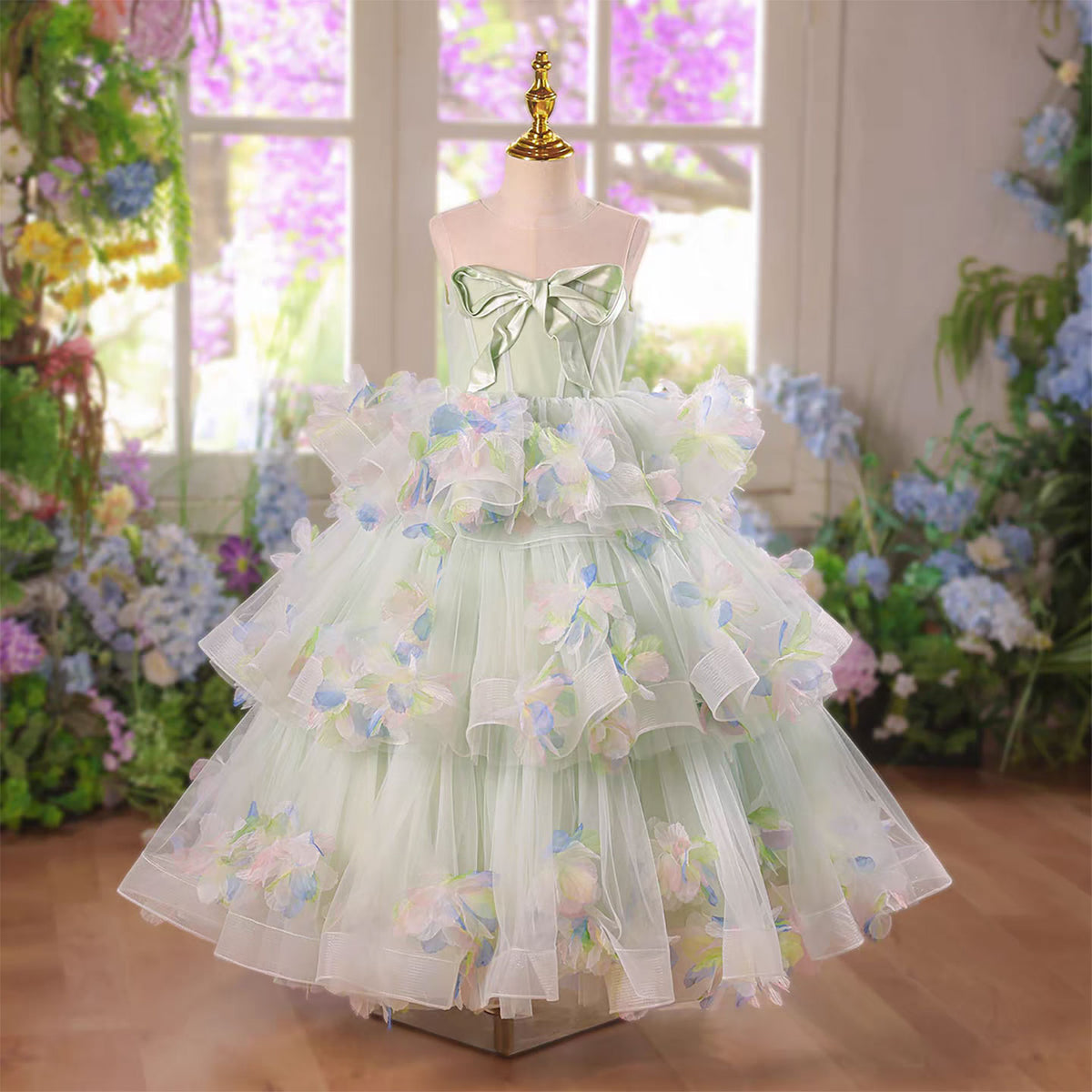 Sage Green Flower Girl Dress for Girls Bow Knot Tulle Party Dress for Party D346