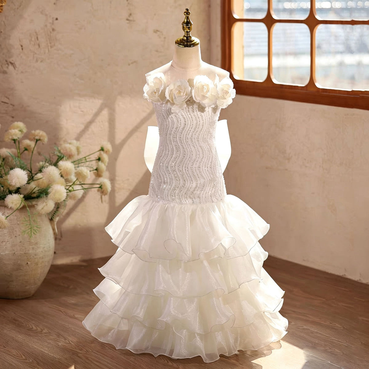 White Flower Girl Dress for Girls 3D Rose Tulle Party Dress for Birthday D364