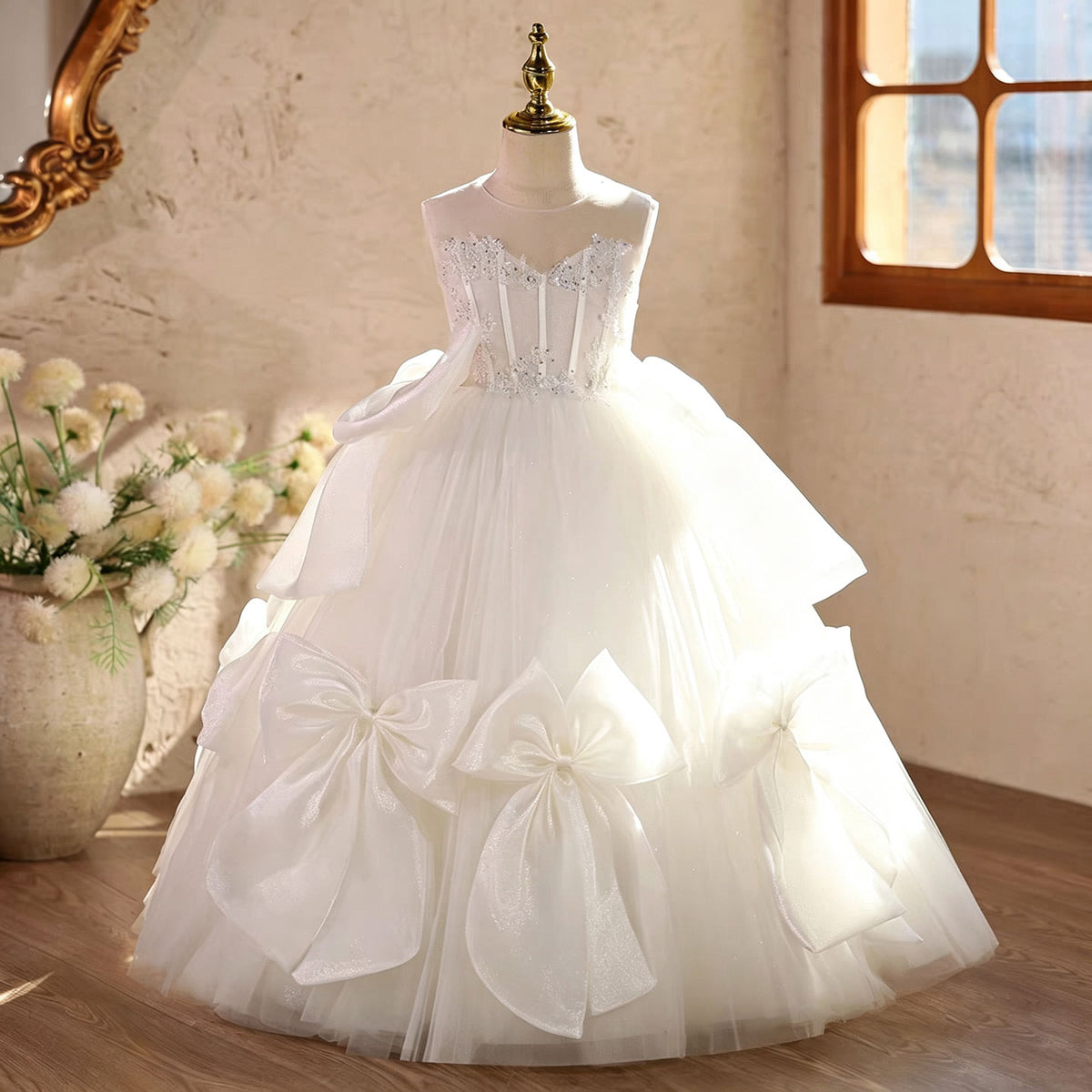 White Flower Girl Dress for Girls Giant Bow Tulle Party Dress for Wedding D363