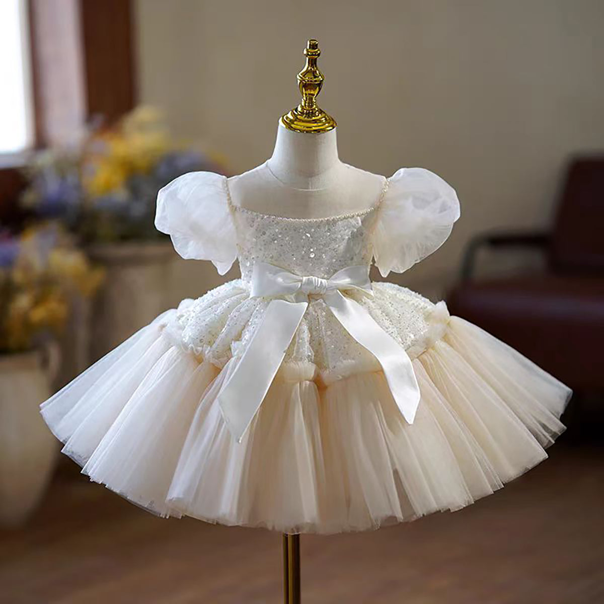 White Flower Girl Dress for Girls Puff Sleeve Sequin Tulle Party Dress for Wedding J762