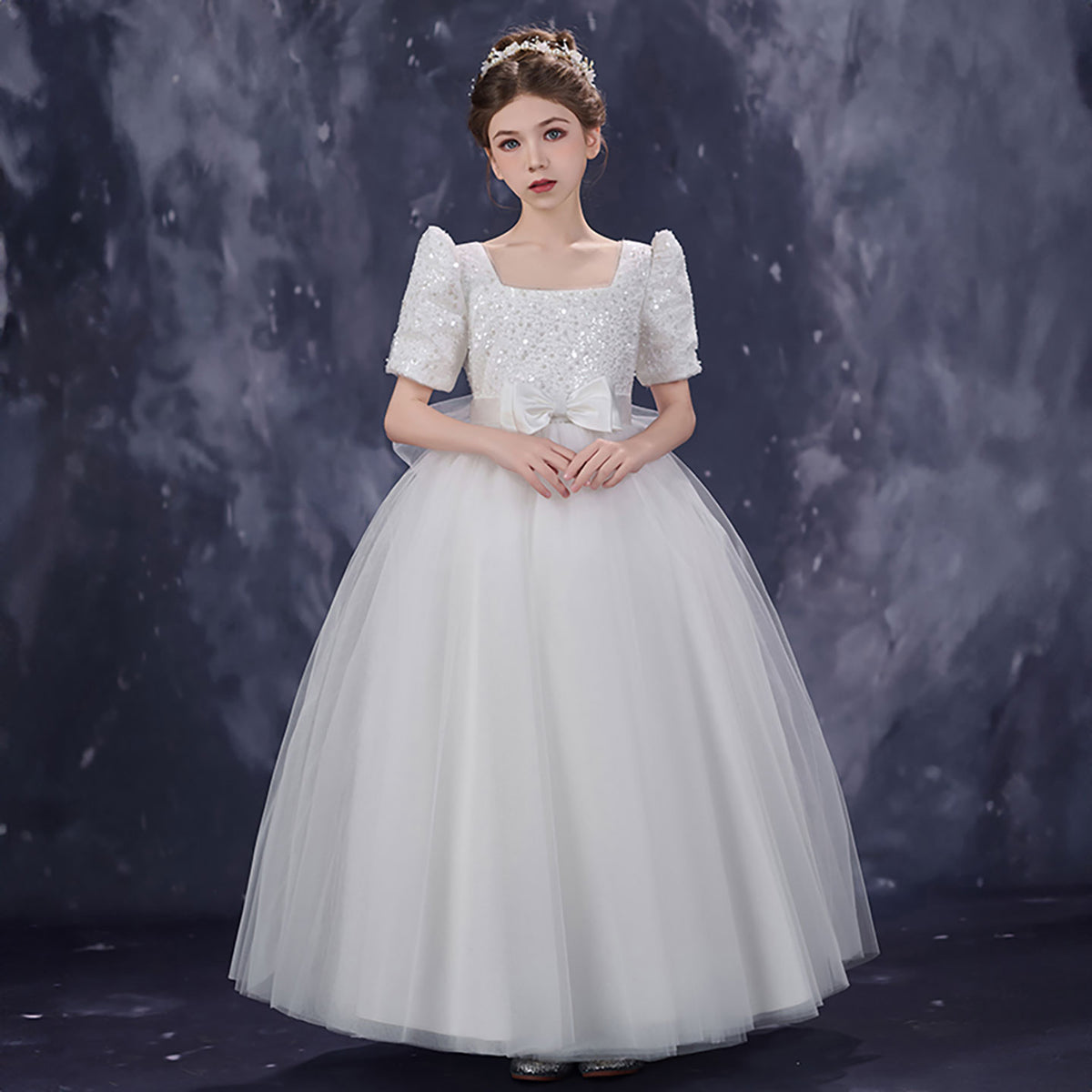 White Flower Girl Dress for Girls Square Neck Sequined Tulle Ball Gown for Wedding D350