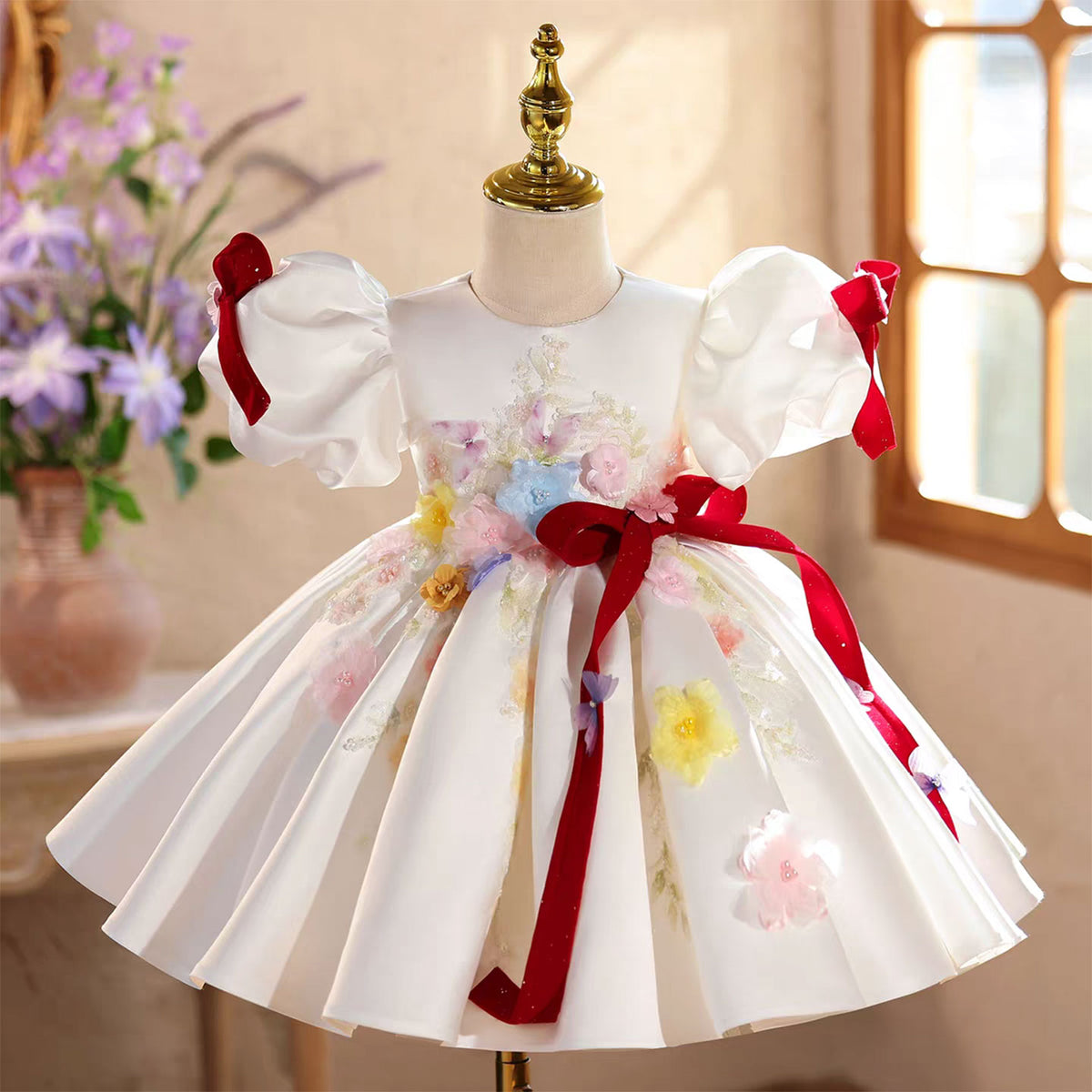 White Satin Flower Girl Dress with 3D Floral Appliqués & Red Ribbon Bows J875