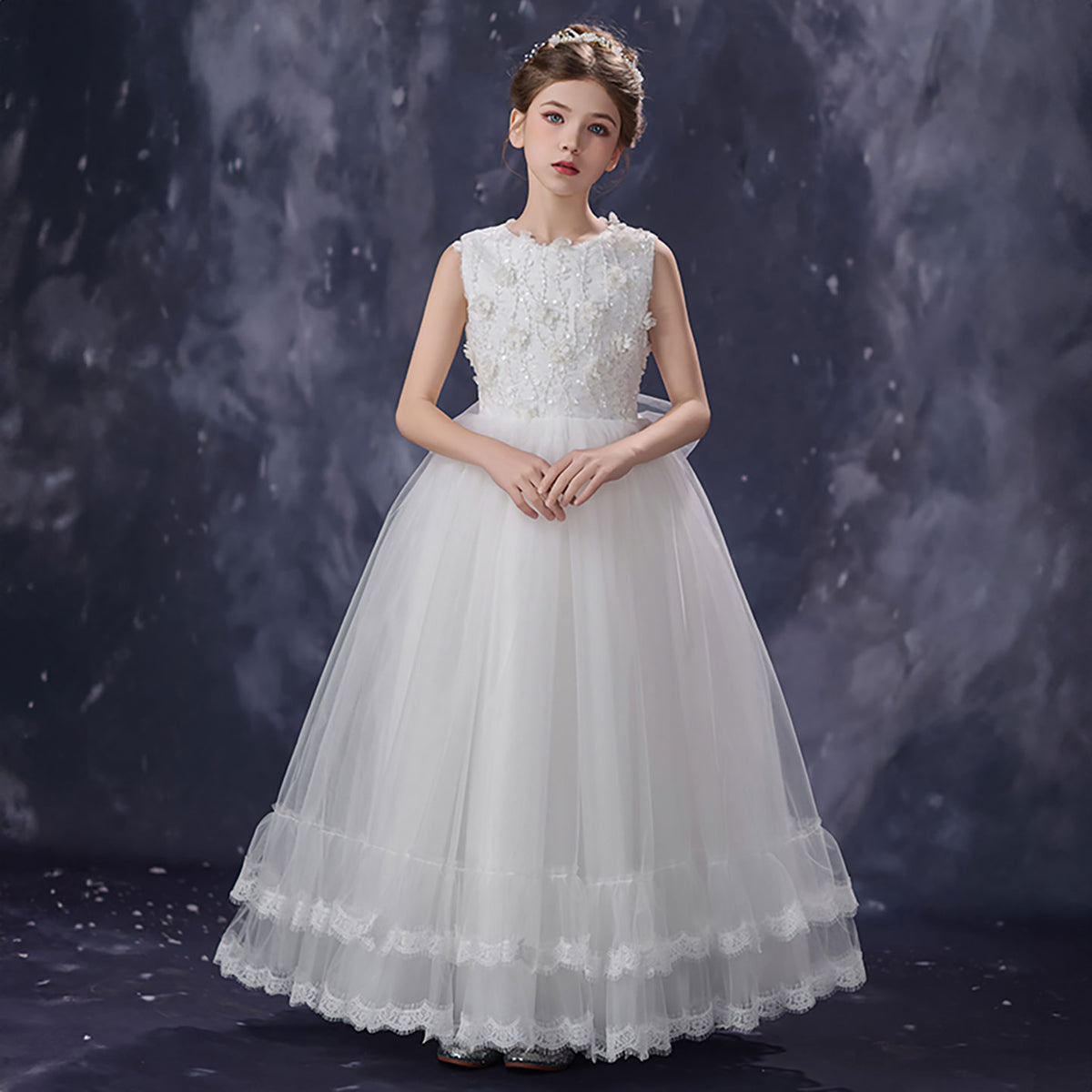 White Flower Girl Dress for Girls Sleeveless Lace Tulle Party Dress for Birthday D351