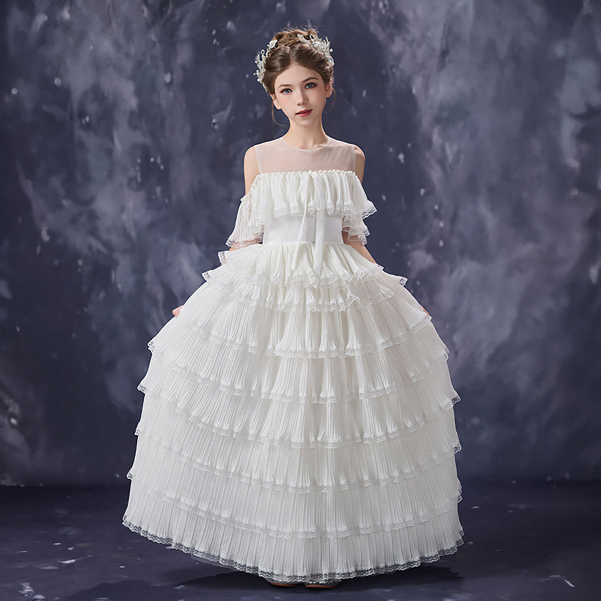 White Flower Girl Dress for Girls Pleated Ruffle Tulle Ball Gown for Birthday D352