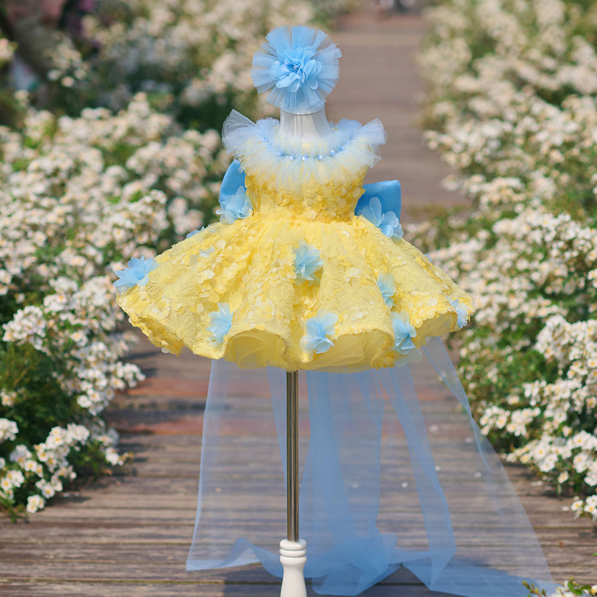 Yellow Flower Girl Dress for Girls Blue 3D Floral Tulle Party Dress for Birthday J906