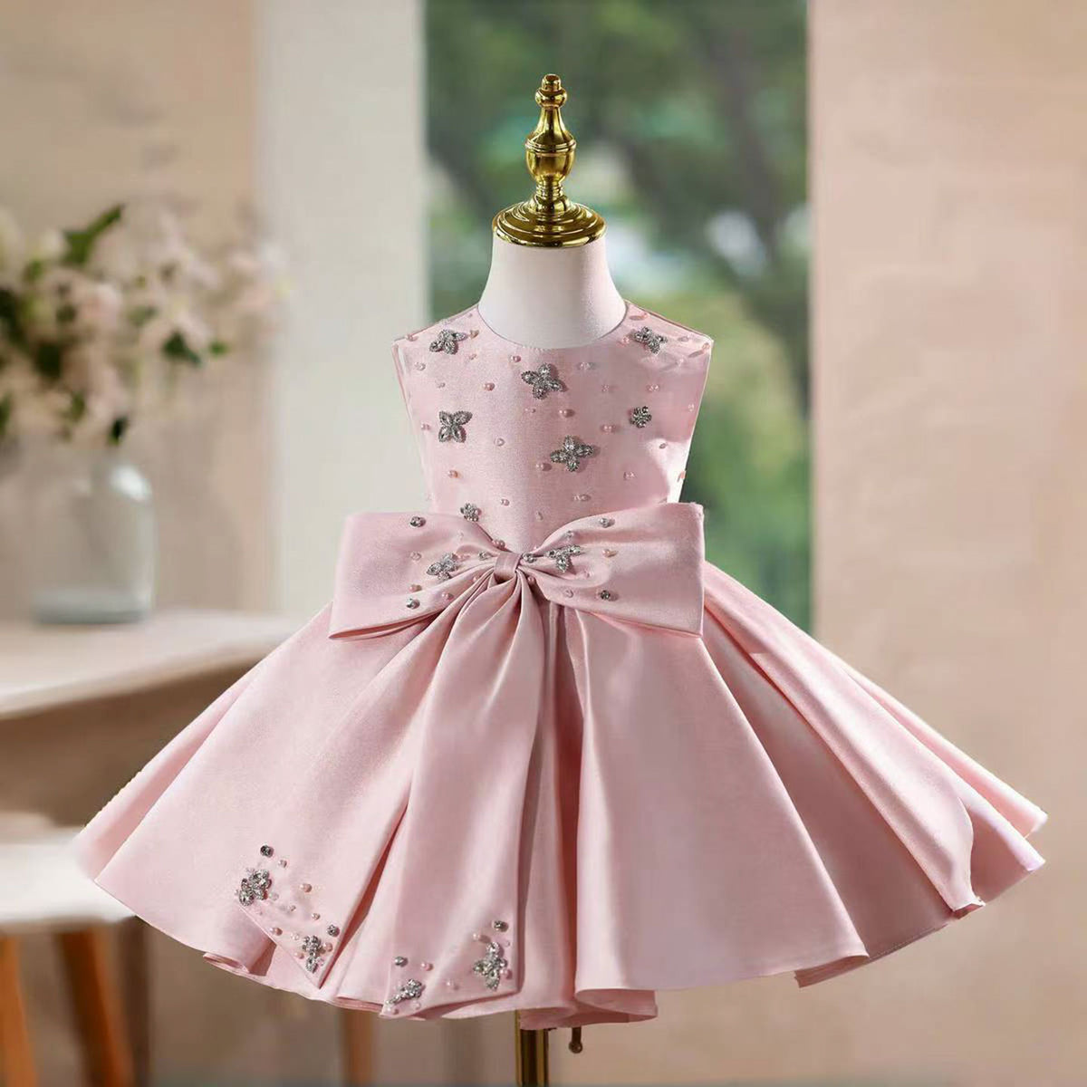 Princess Pink Wedding Flower Girl Dress with Glitter Tulle and Waist Bow D140