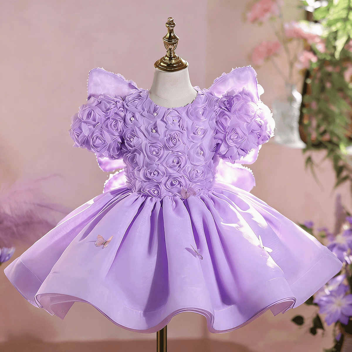 Lilac Rose Petal Girls Party Dress 3D Floral Birthday Gown D256