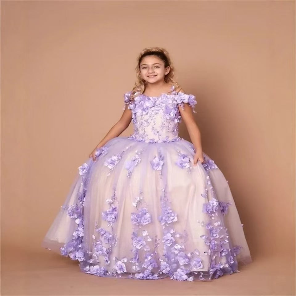 Princess Girl Dress KidsLong Flowers Birthday Party Pageant Gown D175